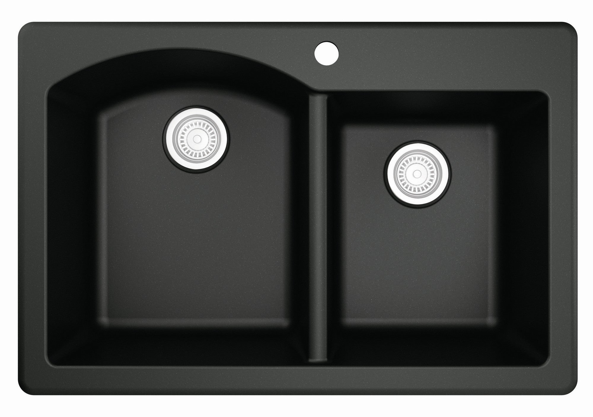 Karran 33" Drop In/Topmount Quartz Composite Kitchen Sink with Stainless Steel Faucet and Accessories, 60/40 Double Bowl, Black, QT610BL220SS