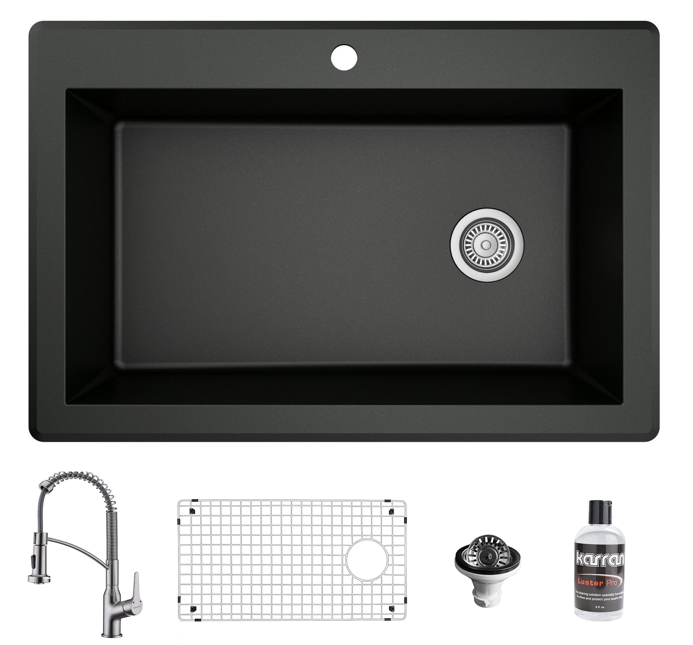 Karran 33" Drop In/Topmount Quartz Composite Kitchen Sink with Stainless Steel Faucet and Accessories, Black, QT670BL210SS