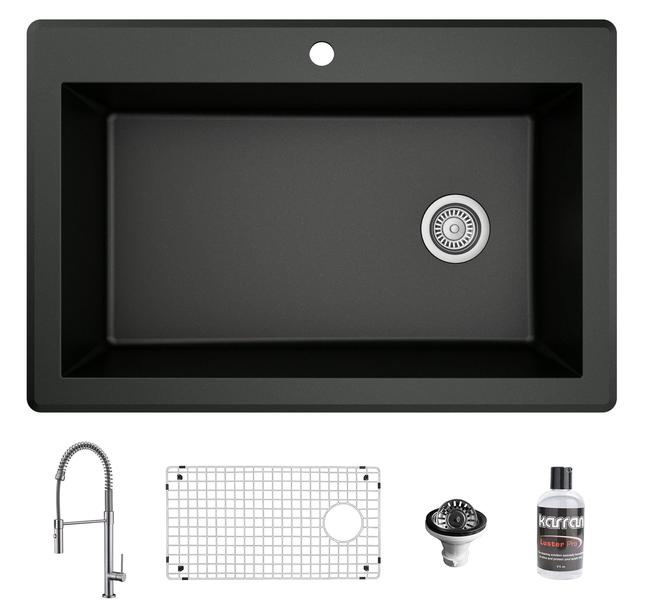 Karran 33" Drop In/Topmount Quartz Composite Kitchen Sink with Stainless Steel Faucet and Accessories, Black, QT670BL220SS