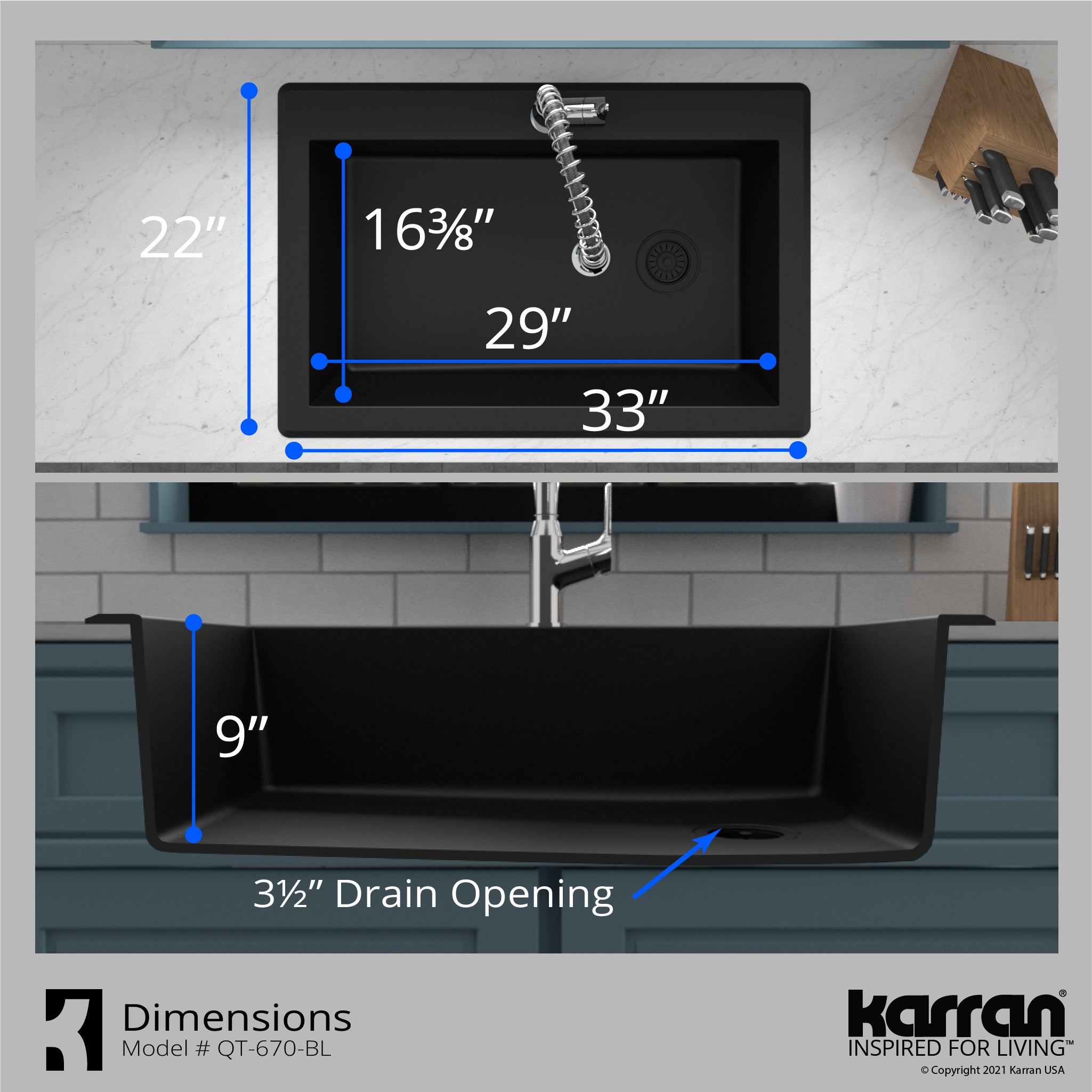 Alternate Image for Karran 33" Drop In/Topmount Quartz Composite Kitchen Sink with Stainless Steel Faucet and Accessories, Black, QT670BL220SS