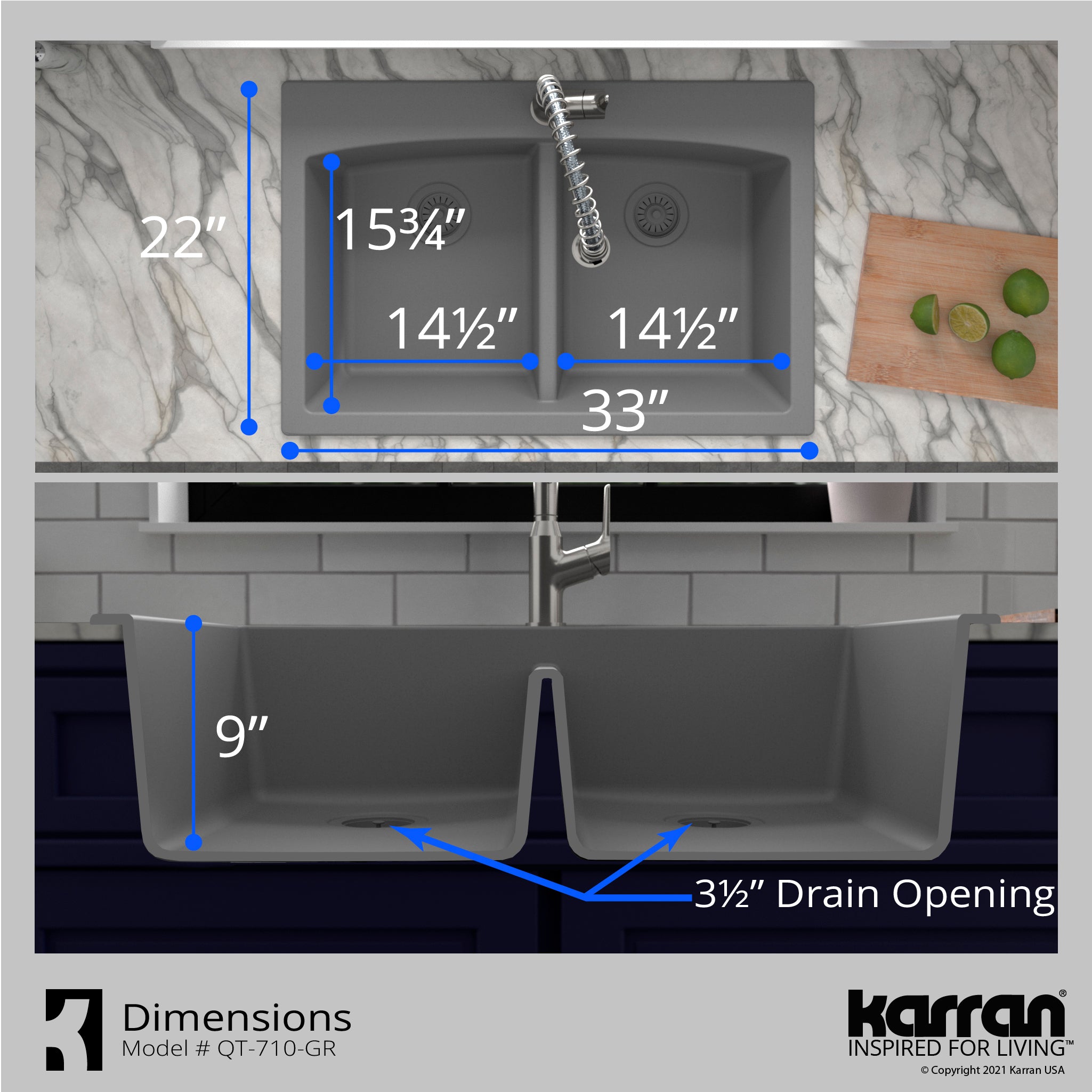 Alternate Image for Karran 33" Drop In/Topmount Quartz Composite Kitchen Sink with Matte Black Faucet and Accessories, 50/50 Double Bowl, Grey, QT710GRKKF330MB