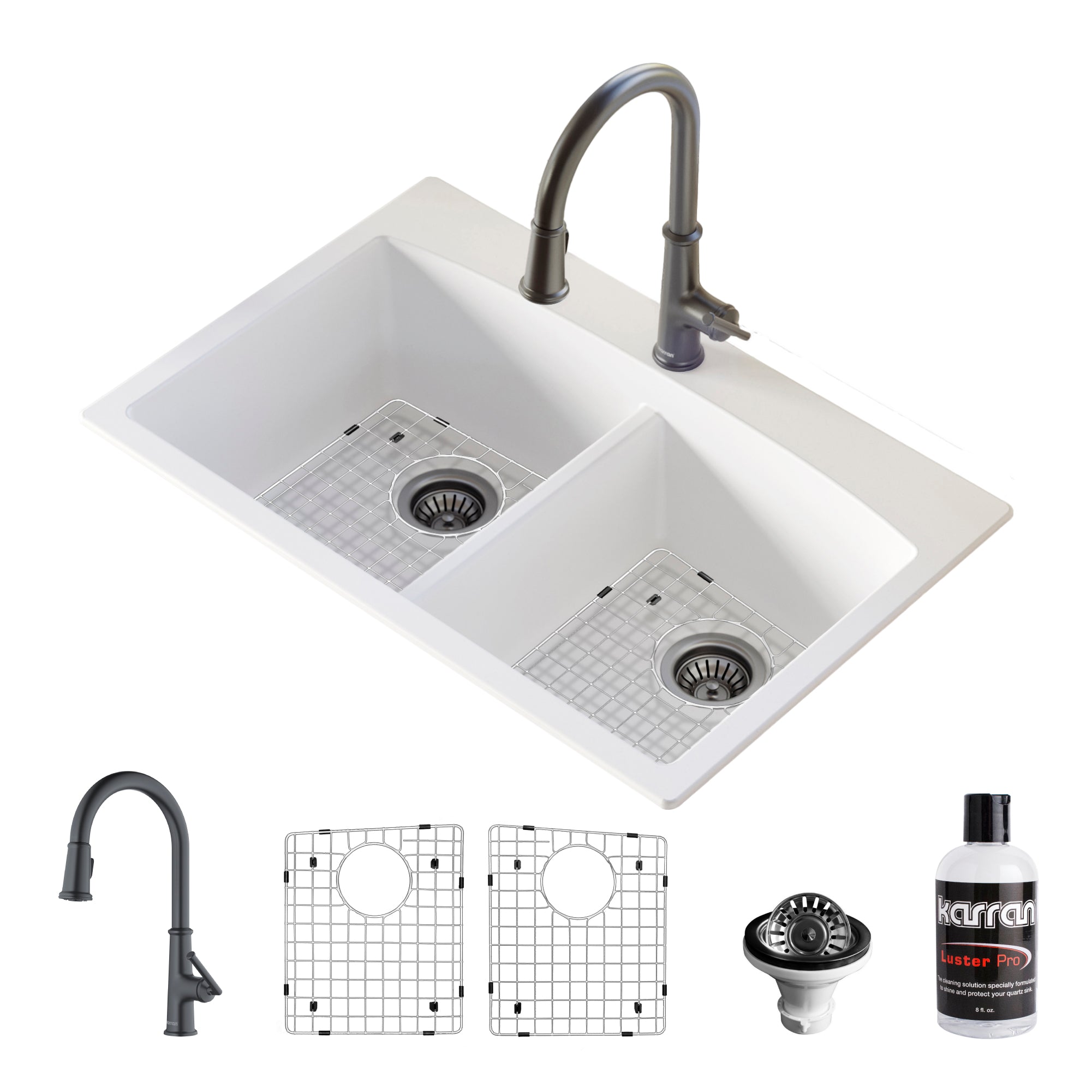 Karran 33" Drop In/Topmount Quartz Composite Kitchen Sink with Gunmetal Grey Faucet and Accessories, 50/50 Double Bowl, White, QT710WHKKF330GG