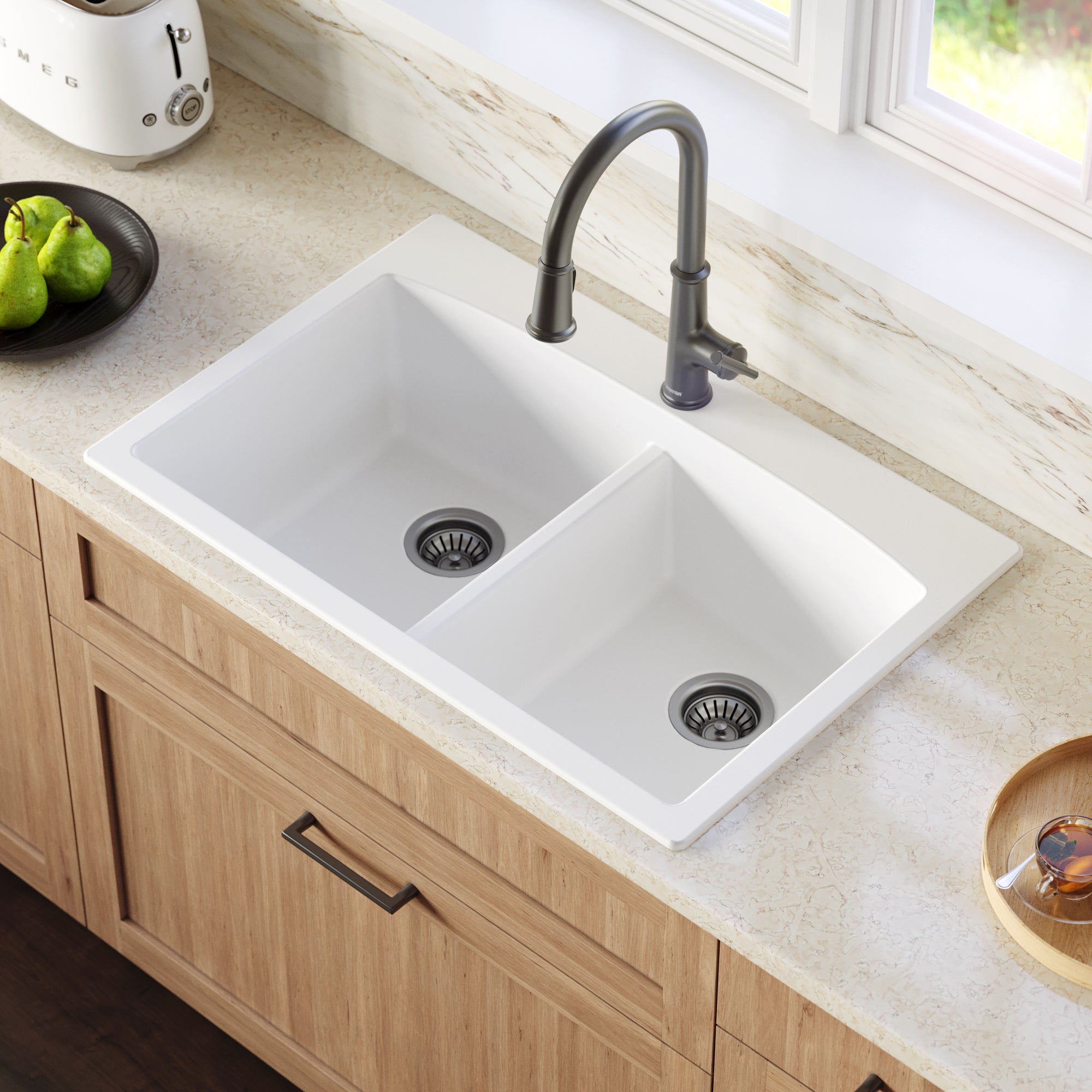 Karran 33" Drop In/Topmount Quartz Composite Kitchen Sink with Gunmetal Grey Faucet and Accessories, 50/50 Double Bowl, White, QT710WHKKF330GG