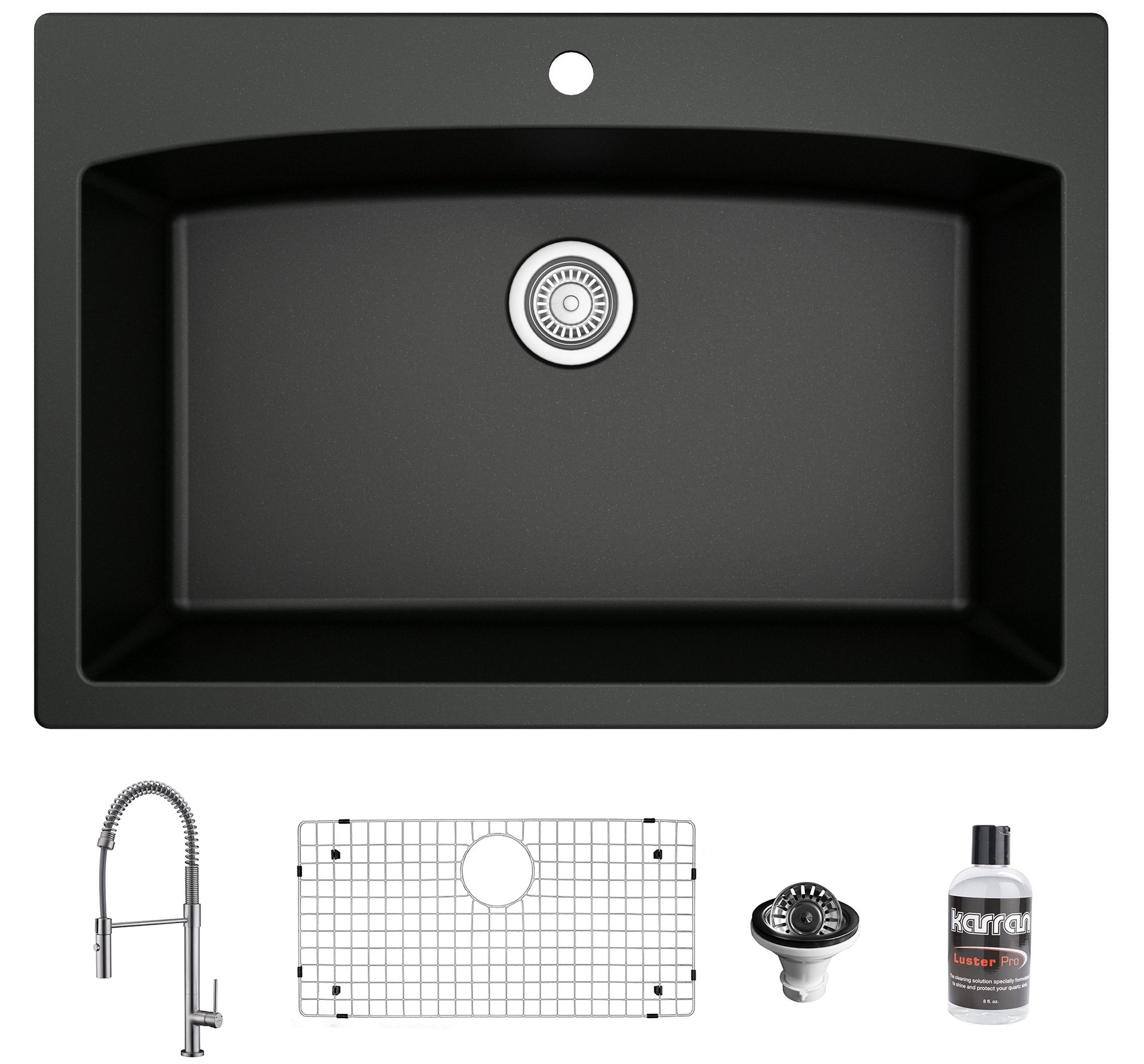 Karran 33" Drop In/Topmount Quartz Composite Kitchen Sink with Stainless Steel Faucet and Accessories, Black, QT712BL220SS