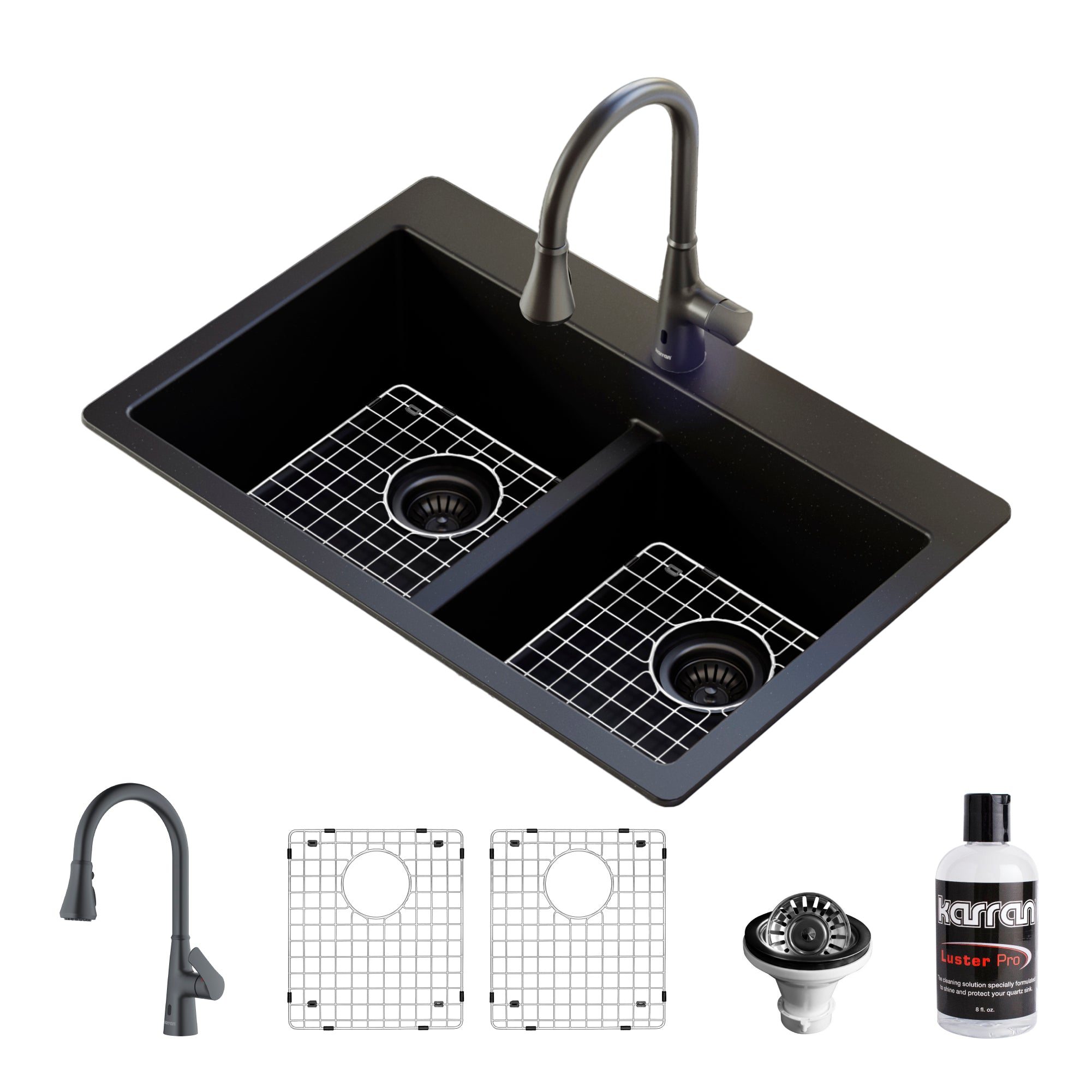 Karran 33" Drop In/Topmount Quartz Composite Kitchen Sink with Gunmetal Grey Faucet and Accessories, 50/50 Double Bowl, Black, QT810BLKKF340GG