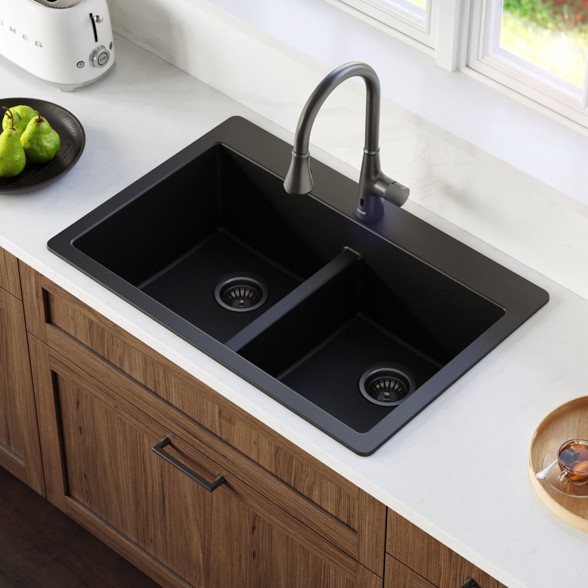 Karran 33" Drop In/Topmount Quartz Composite Kitchen Sink with Gunmetal Grey Faucet and Accessories, 50/50 Double Bowl, Black, QT810BLKKF340GG