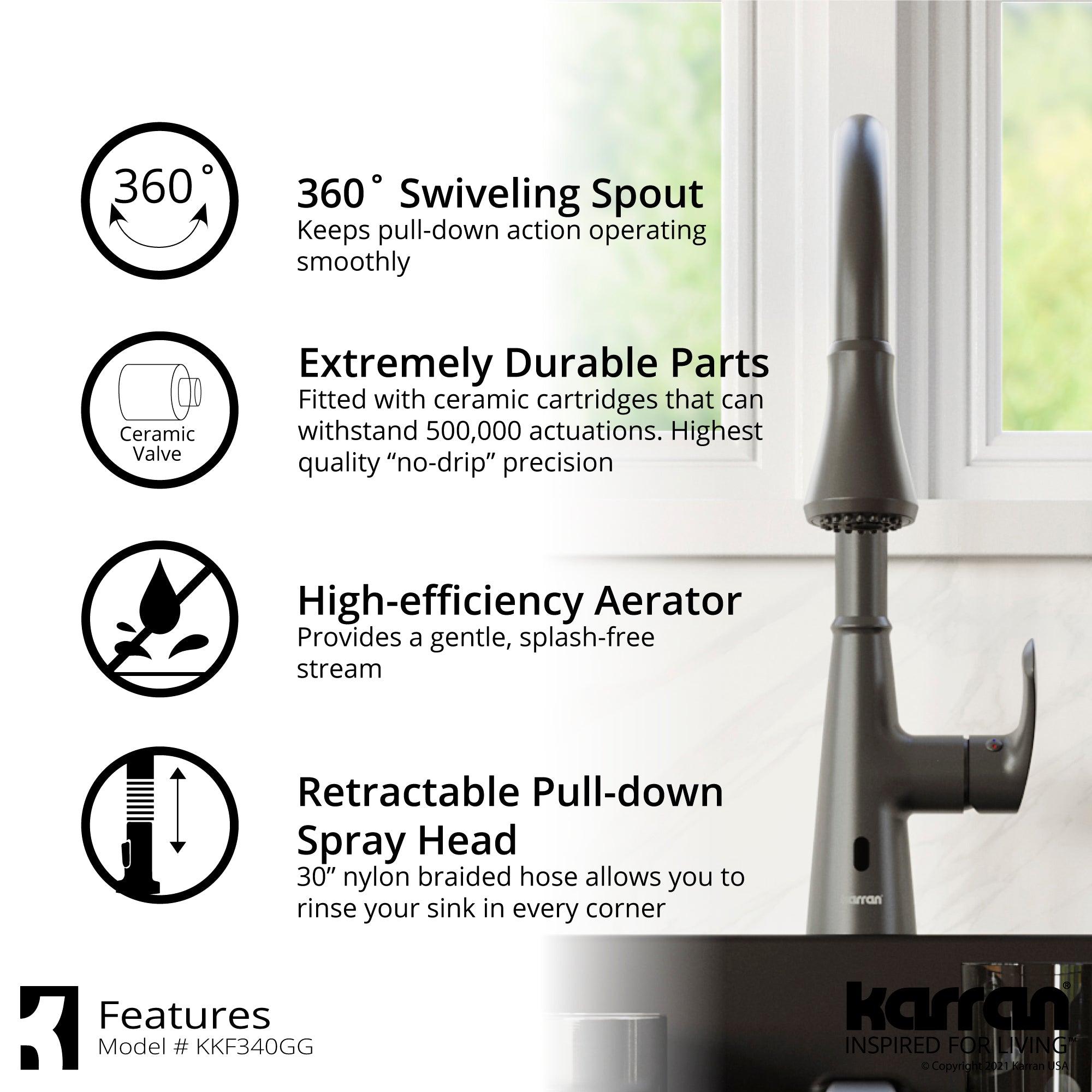 Alternate Image for Karran 33" Drop In/Topmount Quartz Composite Kitchen Sink with Gunmetal Grey Faucet and Accessories, 50/50 Double Bowl, Black, QT810BLKKF340GG