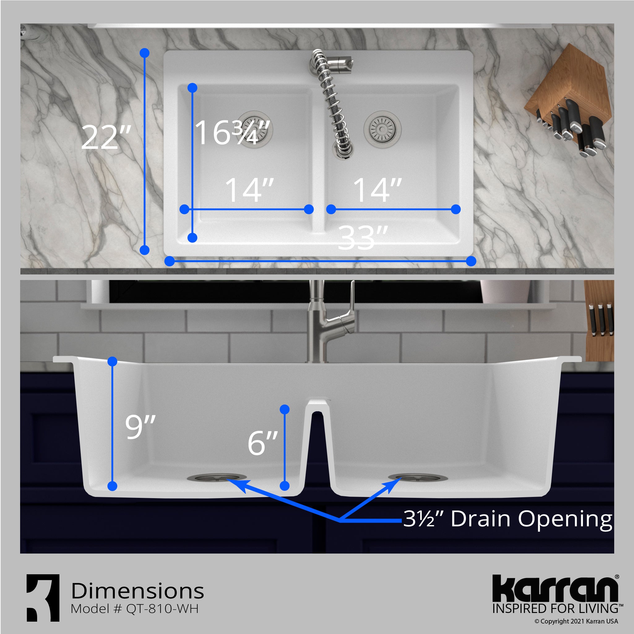 Alternate Image for Karran 33" Drop In/Topmount Quartz Composite Kitchen Sink with Stainless Steel Faucet and Accessories, 50/50 Double Bowl, White, QT810WHKKF340SS