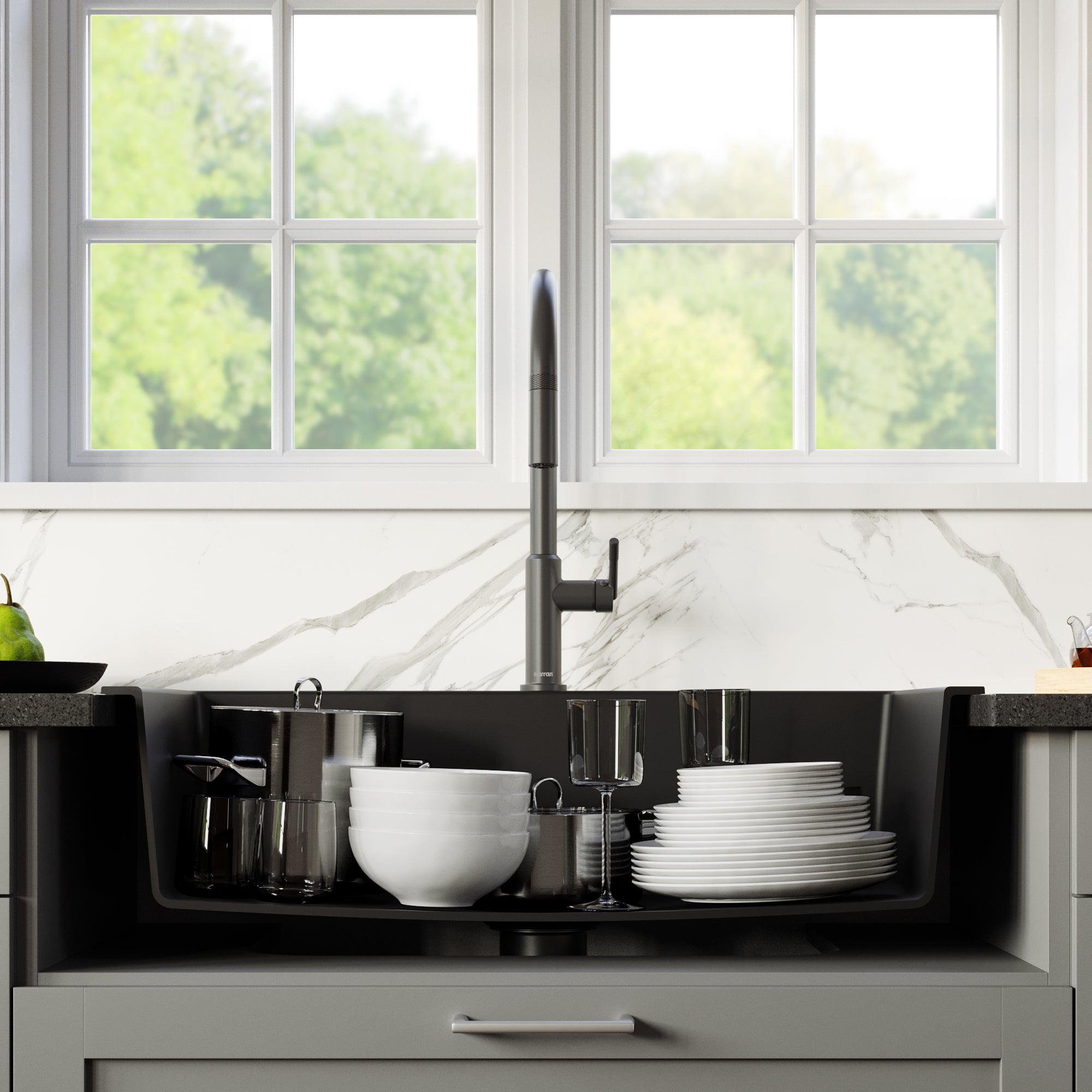 Alternate Image for Karran 33" Drop In/Topmount Quartz Composite Kitchen Sink with Gunmetal Grey Faucet and Accessories, Black, QT812BLKKF350GG