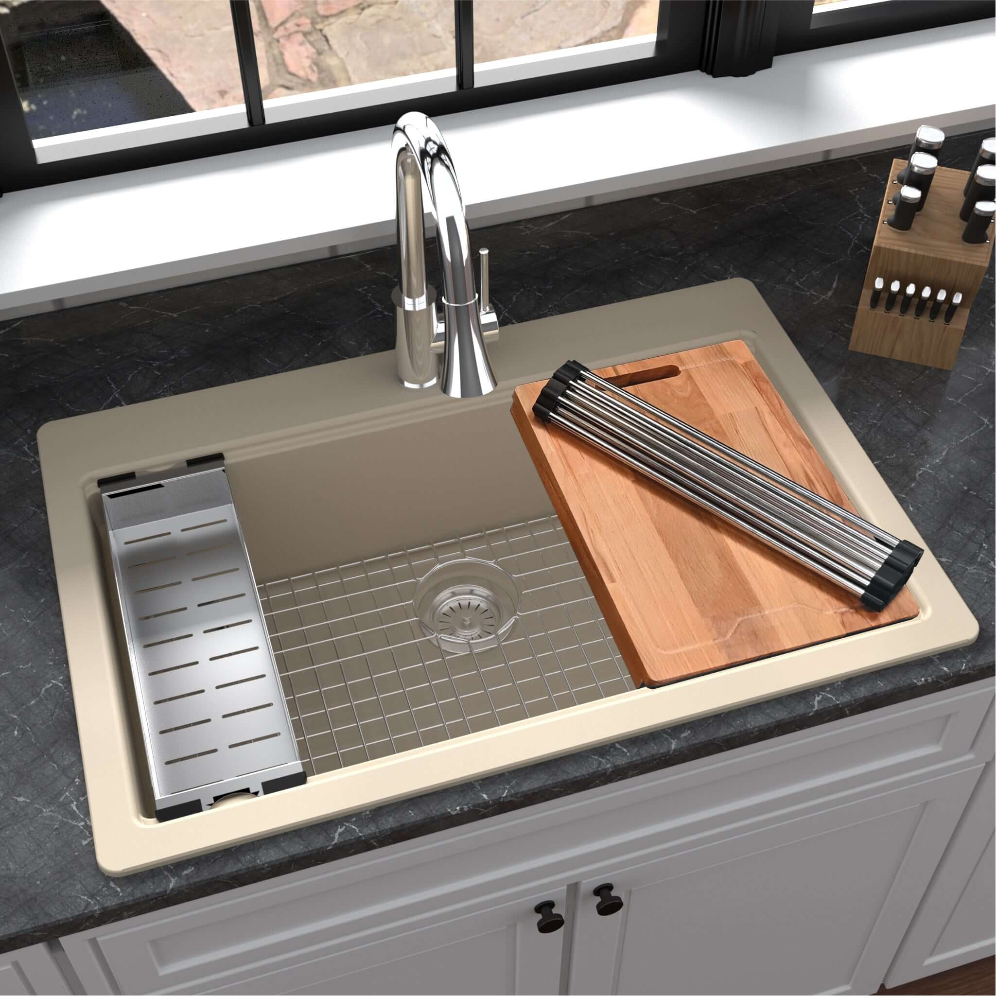 Alternate Image for Karran 33" Drop In/Topmount Quartz Composite Workstation Kitchen Sink with Accessories, Bisque, QTWS-875-BI