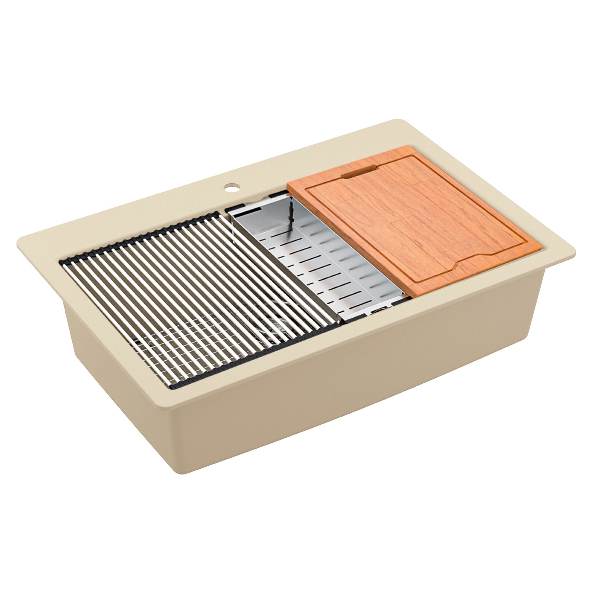 Alternate Image for Karran 33" Drop In/Topmount Quartz Composite Workstation Kitchen Sink with Accessories, Bisque, QTWS-875-BI