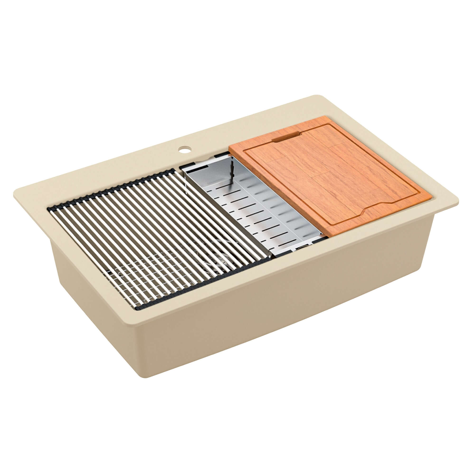 Alternate Image for Karran 33" Drop In/Topmount Quartz Composite Workstation Kitchen Sink with Accessories, Bisque, QTWS-875-BI
