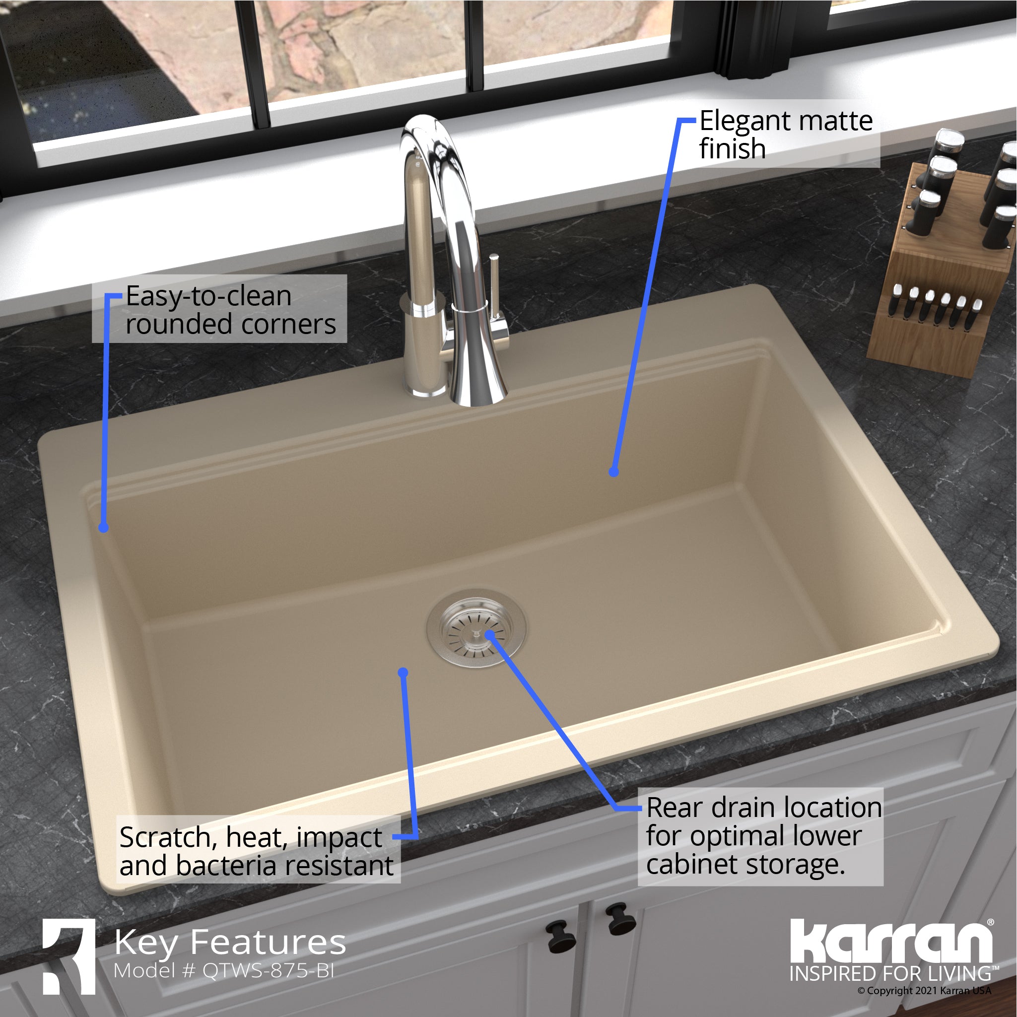 Alternate Image for Karran 33" Drop In/Topmount Quartz Composite Workstation Kitchen Sink with Accessories, Bisque, QTWS-875-BI