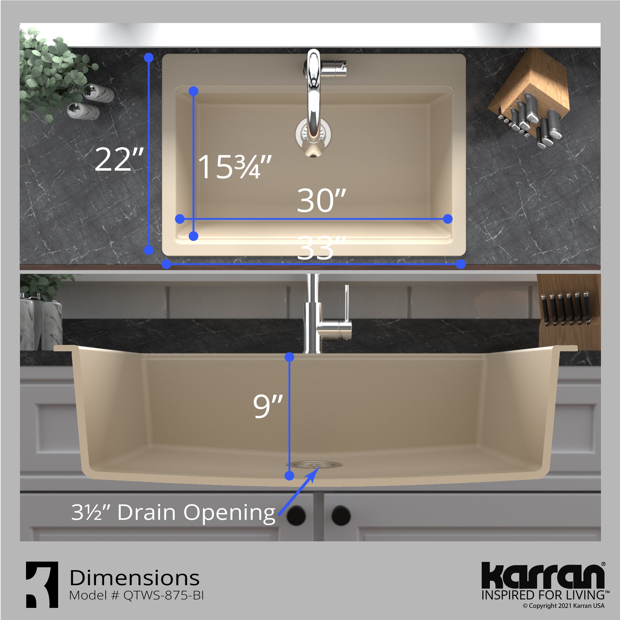 Alternate Image for Karran 33" Drop In/Topmount Quartz Composite Workstation Kitchen Sink with Accessories, Bisque, QTWS-875-BI