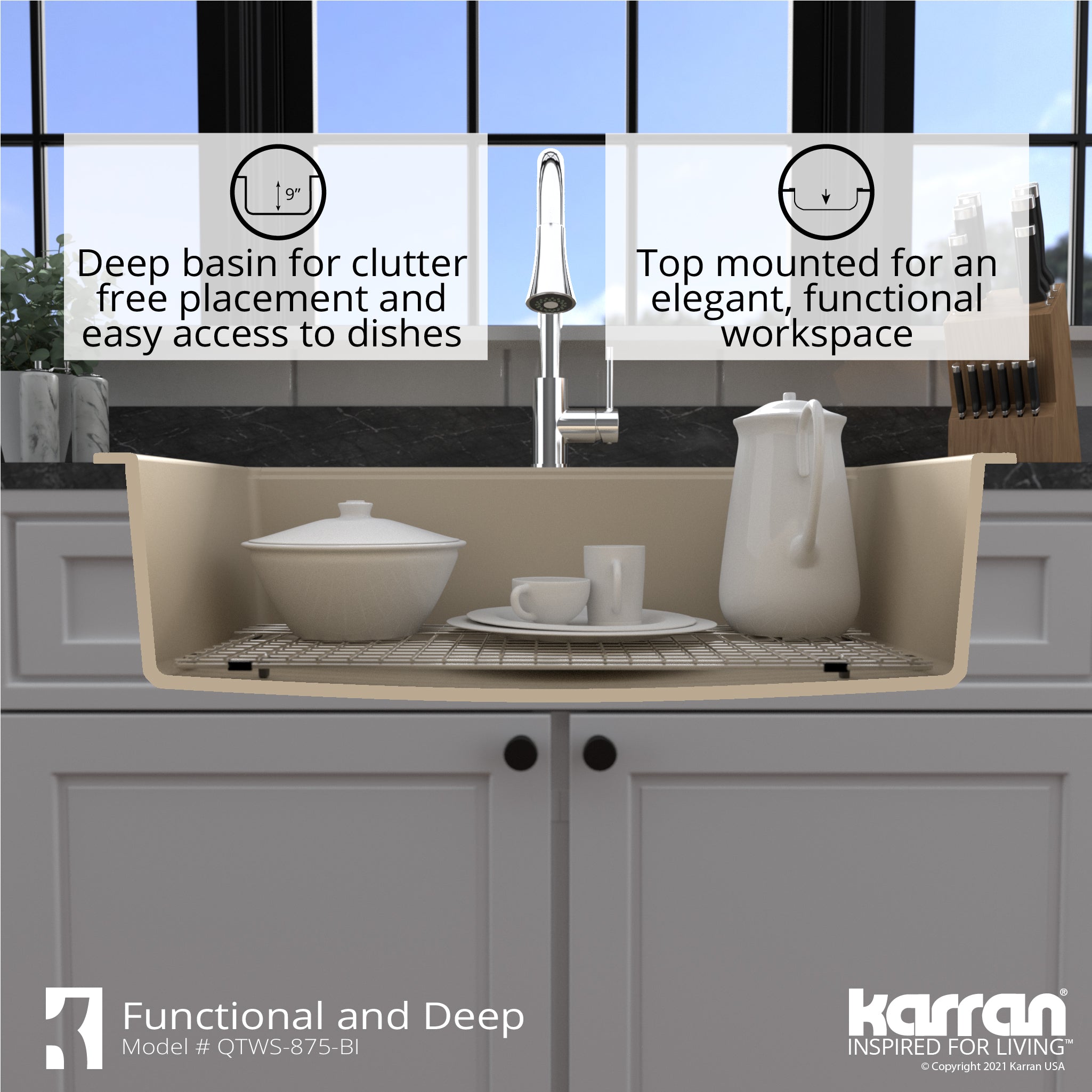 Alternate Image for Karran 33" Drop In/Topmount Quartz Composite Workstation Kitchen Sink with Accessories, Bisque, QTWS-875-BI