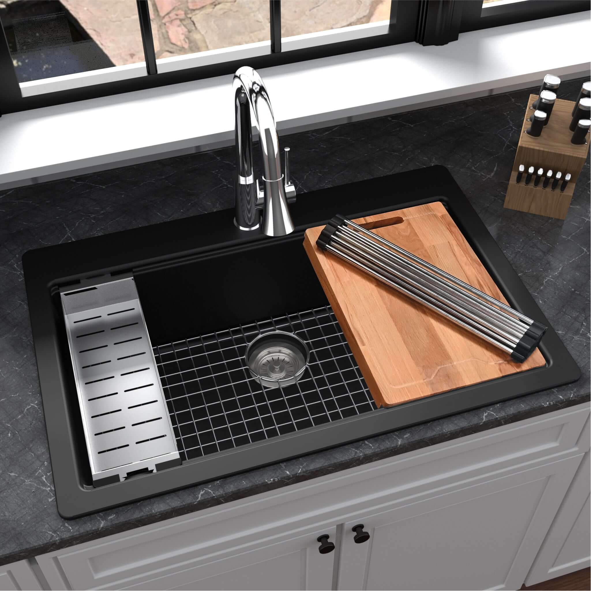 Alternate Image for Karran 33" Drop In/Topmount Quartz Composite Workstation Kitchen Sink with Accessories, Black, QTWS-875-BL