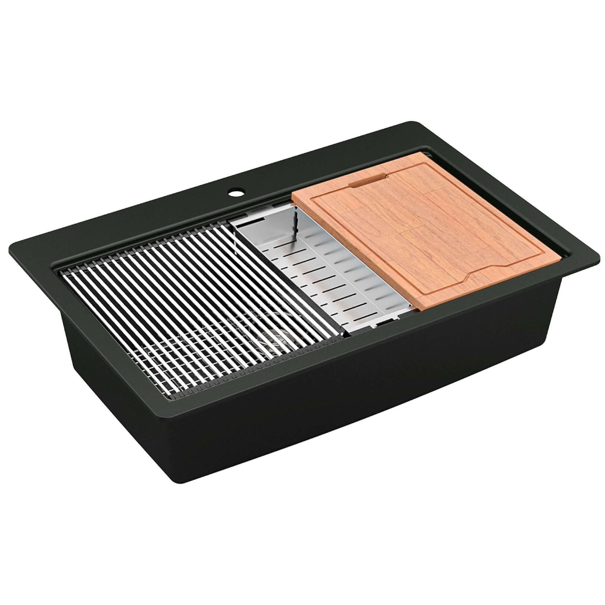 Alternate Image for Karran 33" Drop In/Topmount Quartz Composite Workstation Kitchen Sink with Accessories, Black, QTWS-875-BL