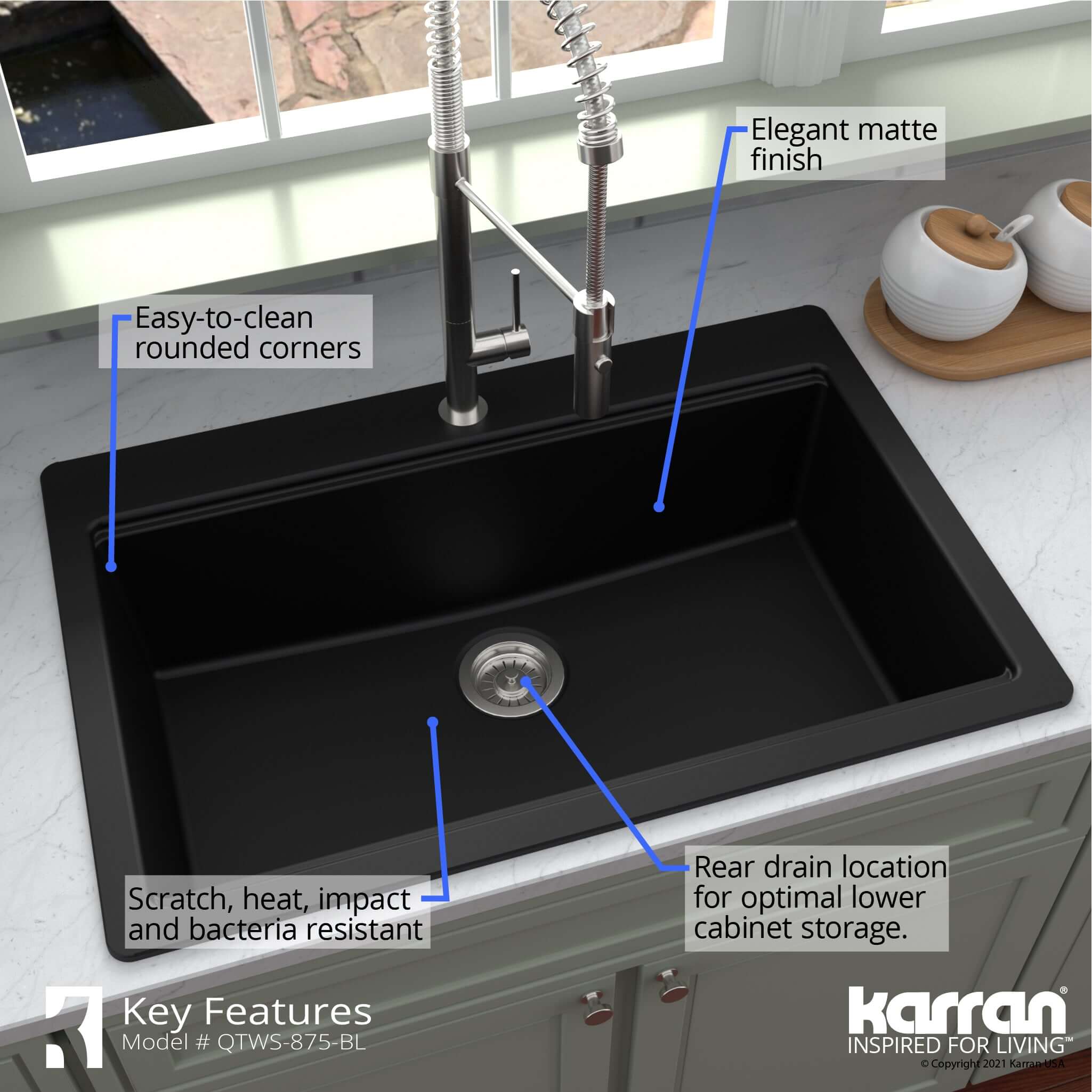 Alternate Image for Karran 33" Drop In/Topmount Quartz Composite Workstation Kitchen Sink with Accessories, Black, QTWS-875-BL