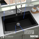Karran 33" Drop In/Topmount Quartz Composite Workstation Kitchen Sink with Accessories, Black, QTWS-875-BL