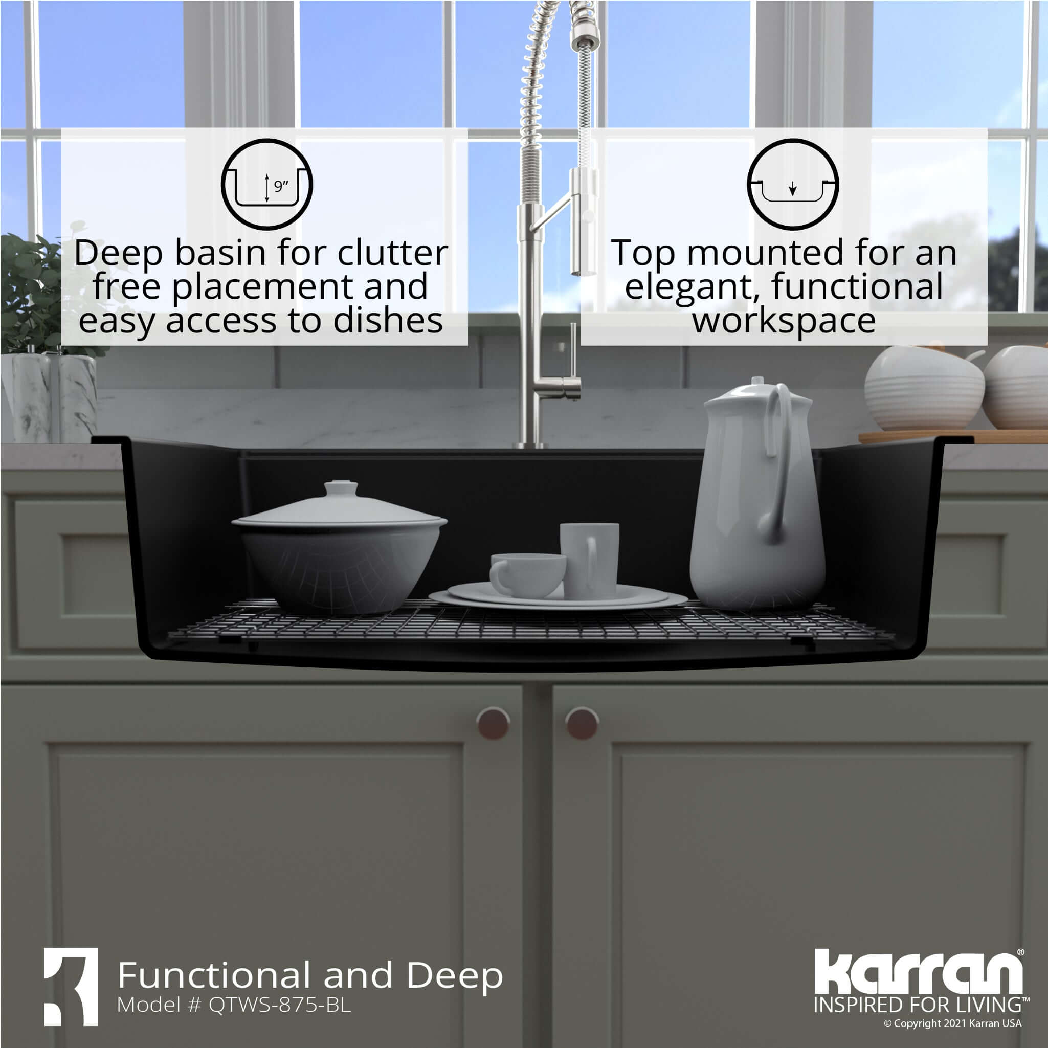 Alternate Image for Karran 33" Drop In/Topmount Quartz Composite Workstation Kitchen Sink with Accessories, Black, QTWS-875-BL