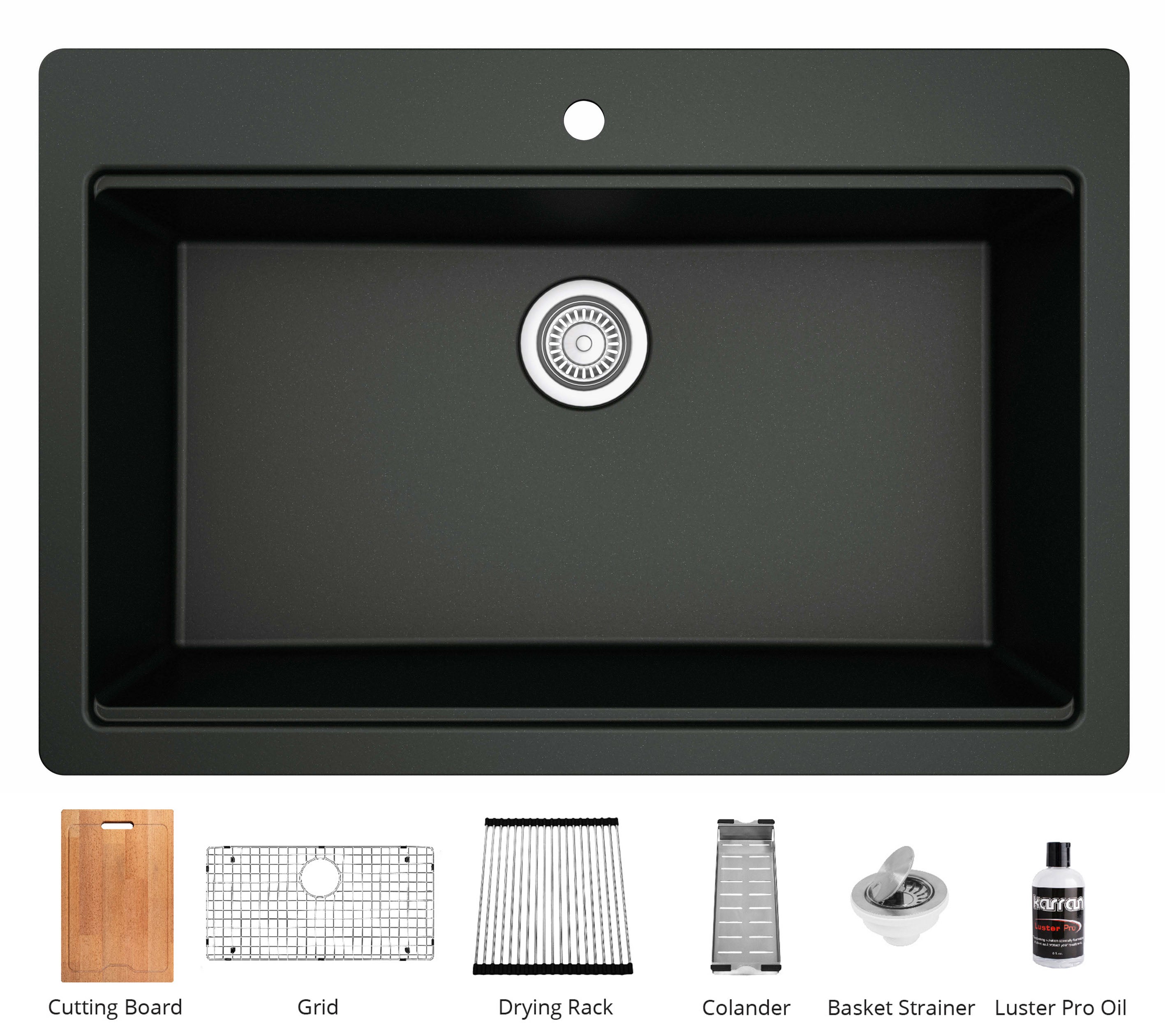 Alternate Image for Karran 33" Drop In/Topmount Quartz Composite Workstation Kitchen Sink with Accessories, Black, QTWS-875-BL