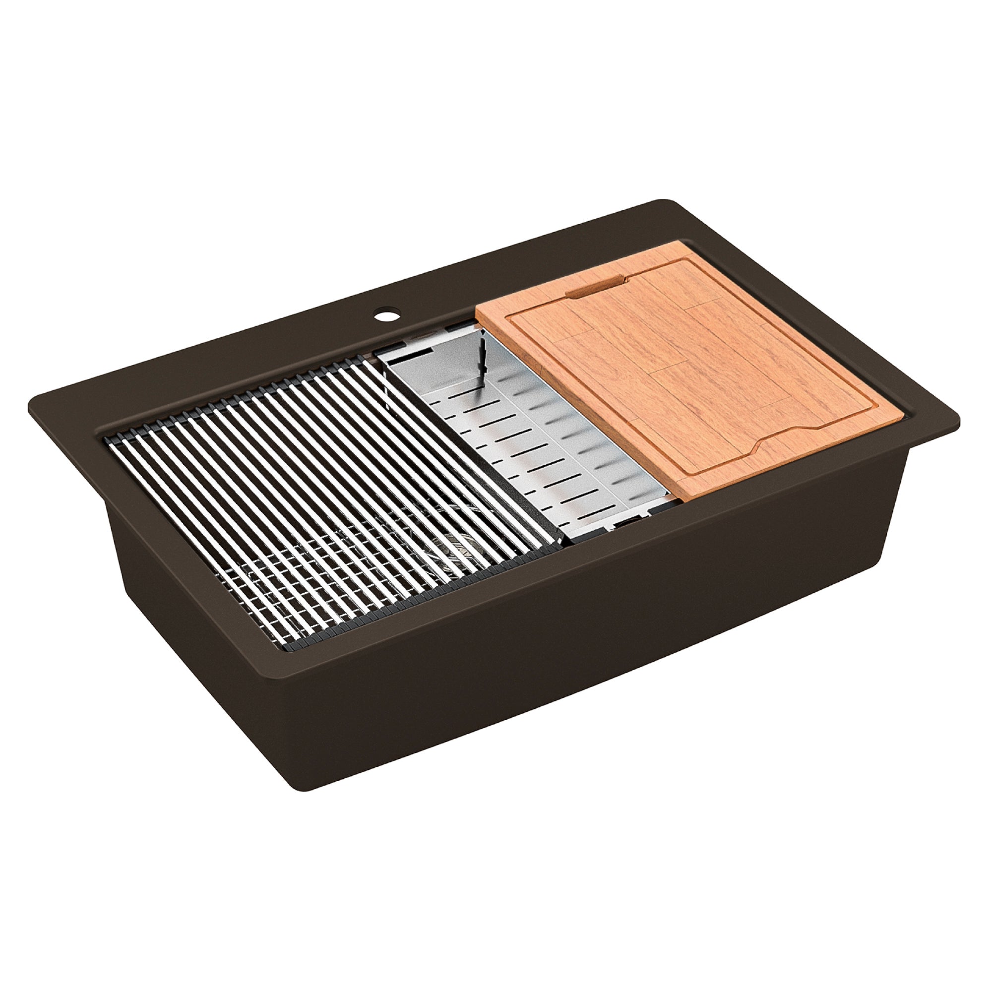 Alternate Image for Karran 33" Drop In/Topmount Quartz Composite Workstation Kitchen Sink with Accessories, Brown, QTWS-875-BR