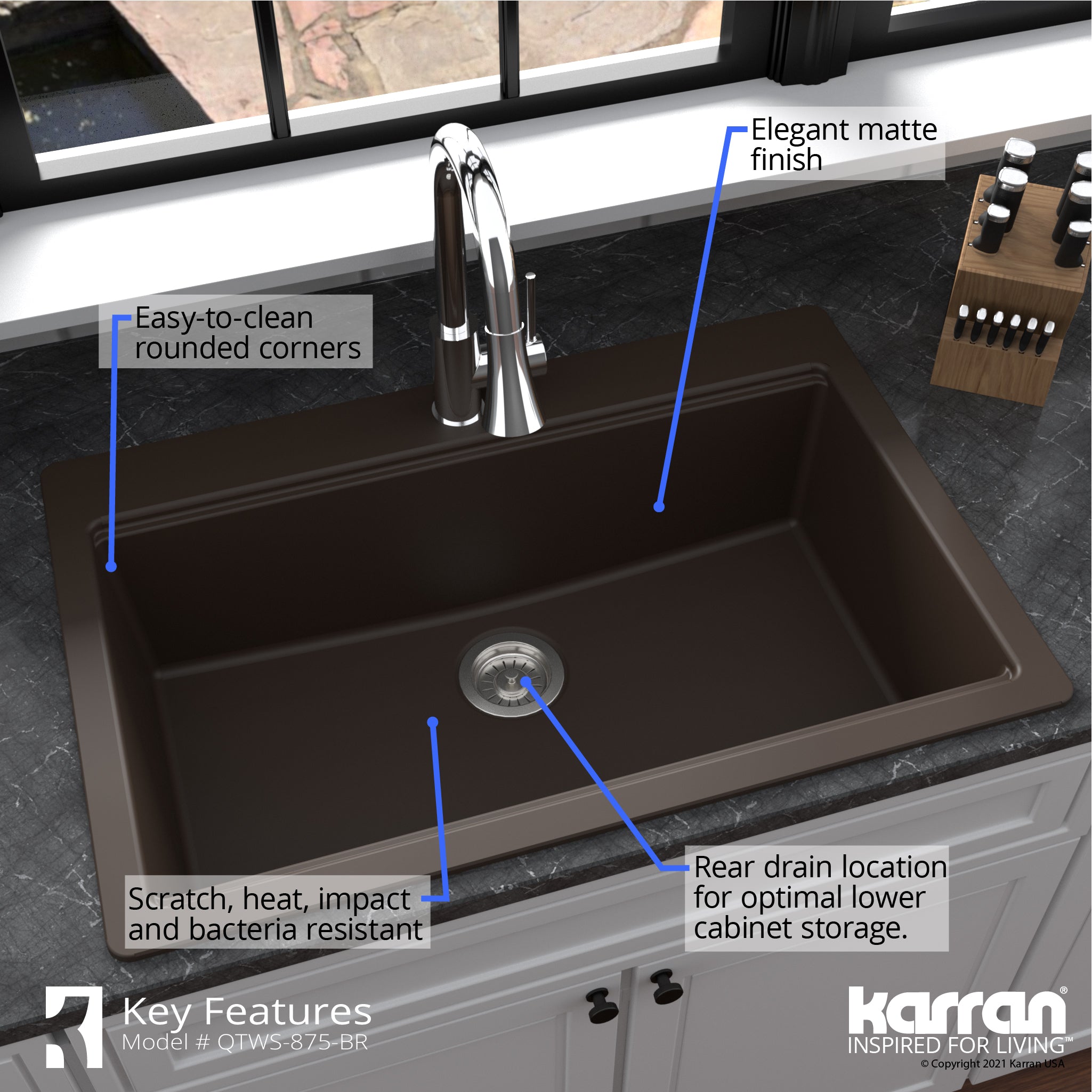 Alternate Image for Karran 33" Drop In/Topmount Quartz Composite Workstation Kitchen Sink with Accessories, Brown, QTWS-875-BR