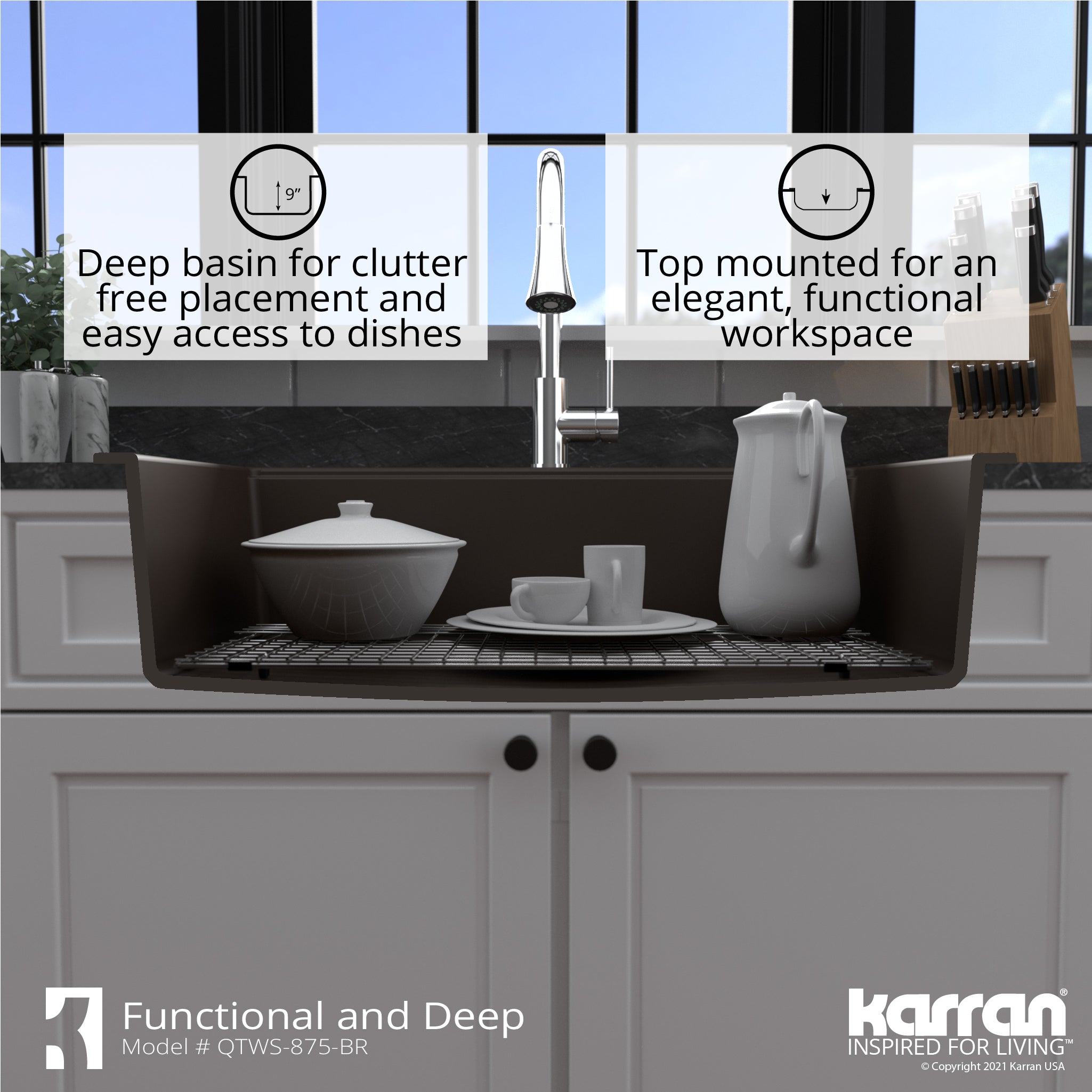 Alternate Image for Karran 33" Drop In/Topmount Quartz Composite Workstation Kitchen Sink with Accessories, Brown, QTWS-875-BR