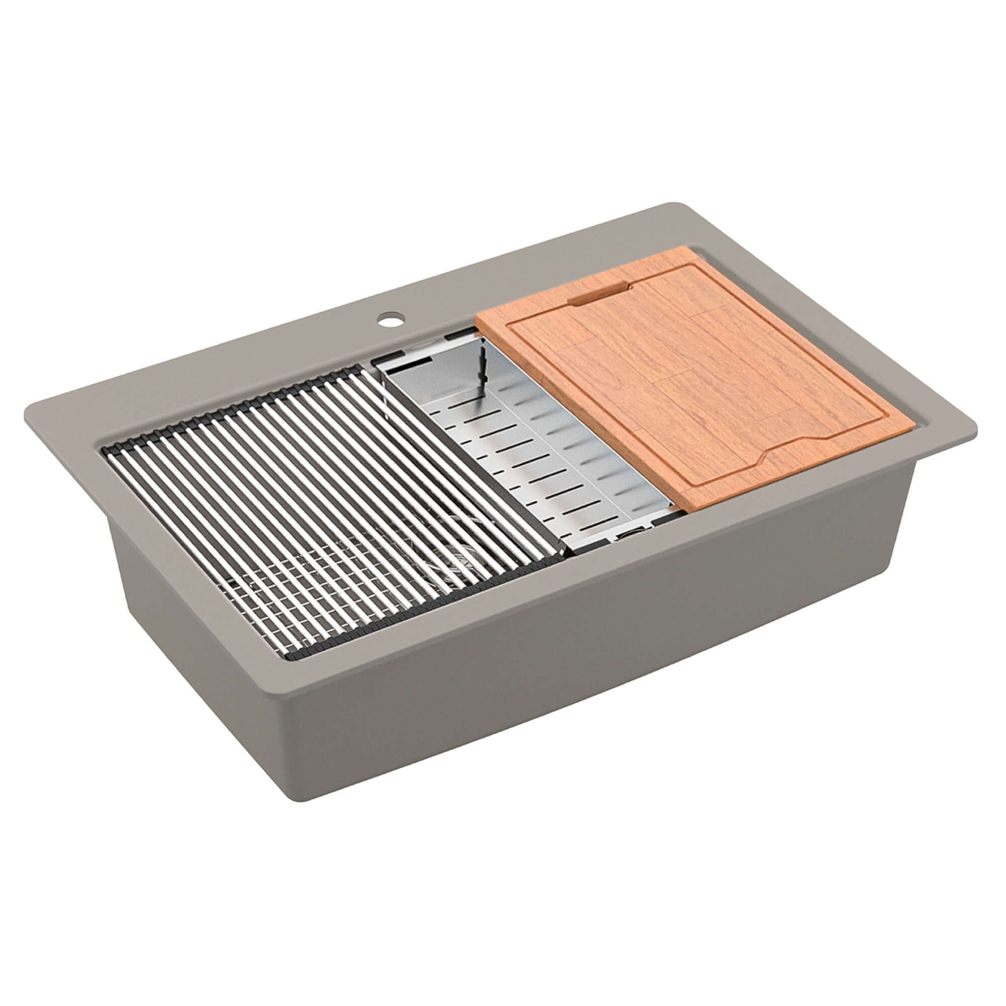 Alternate Image for Karran 33" Drop In/Topmount Quartz Composite Workstation Kitchen Sink with Accessories, Concrete, QTWS-875-CN