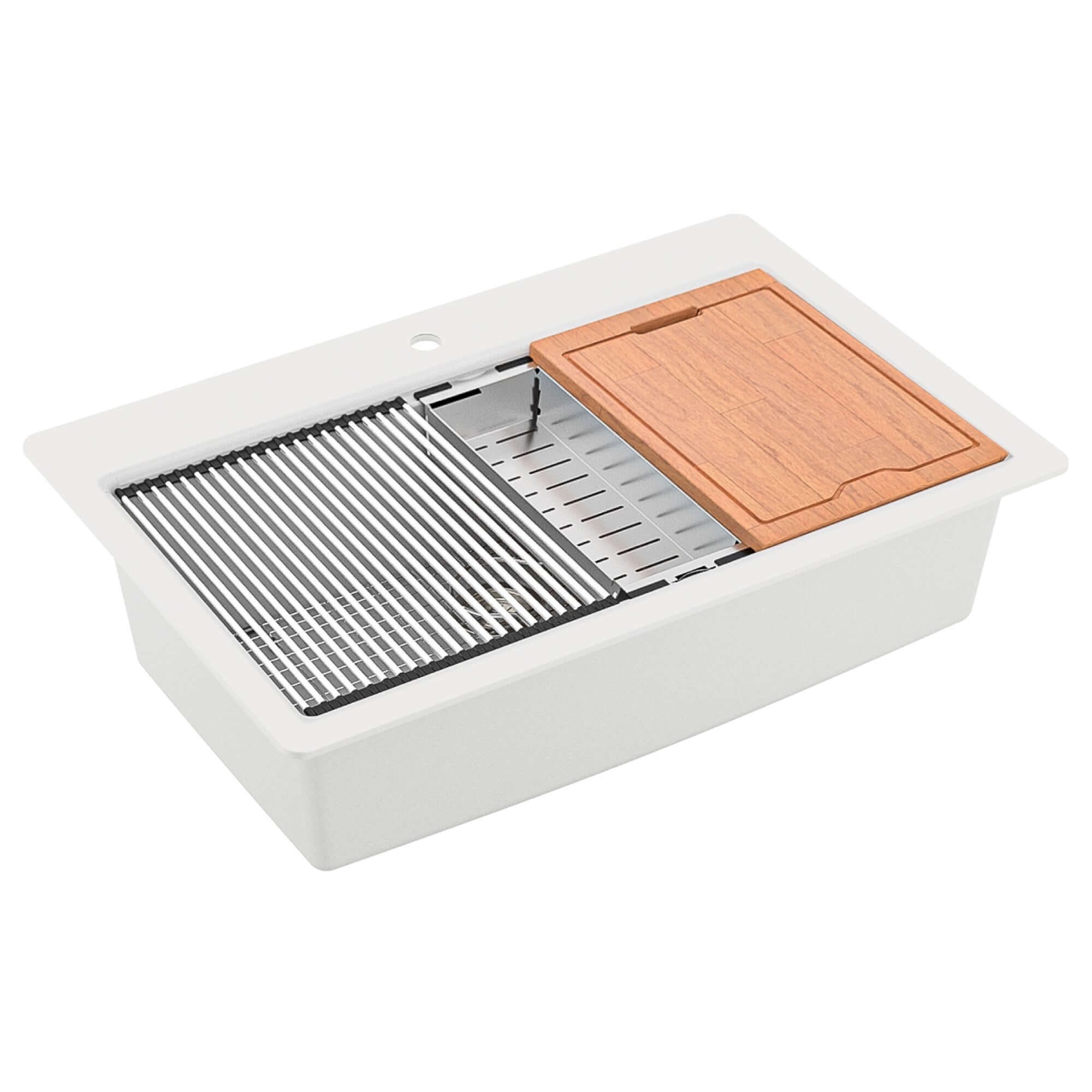 Alternate Image for Karran 33" Drop In/Topmount Quartz Composite Workstation Kitchen Sink with Accessories, White, QTWS-875-WH