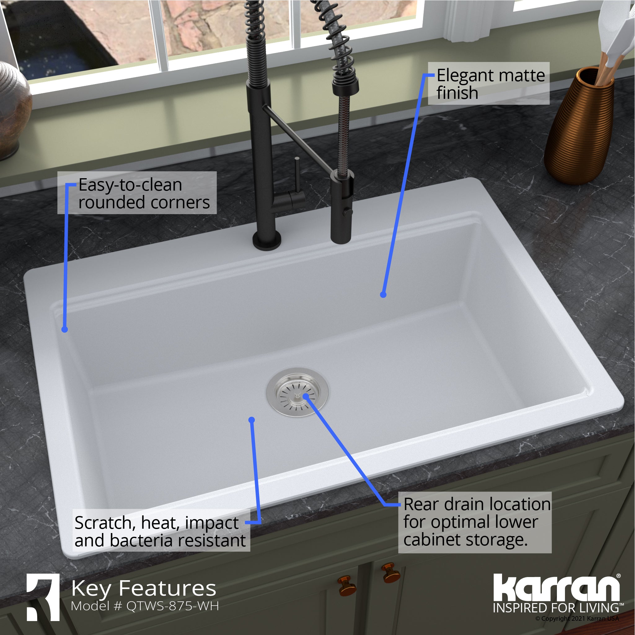 Alternate Image for Karran 33" Drop In/Topmount Quartz Composite Workstation Kitchen Sink with Accessories, White, QTWS-875-WH