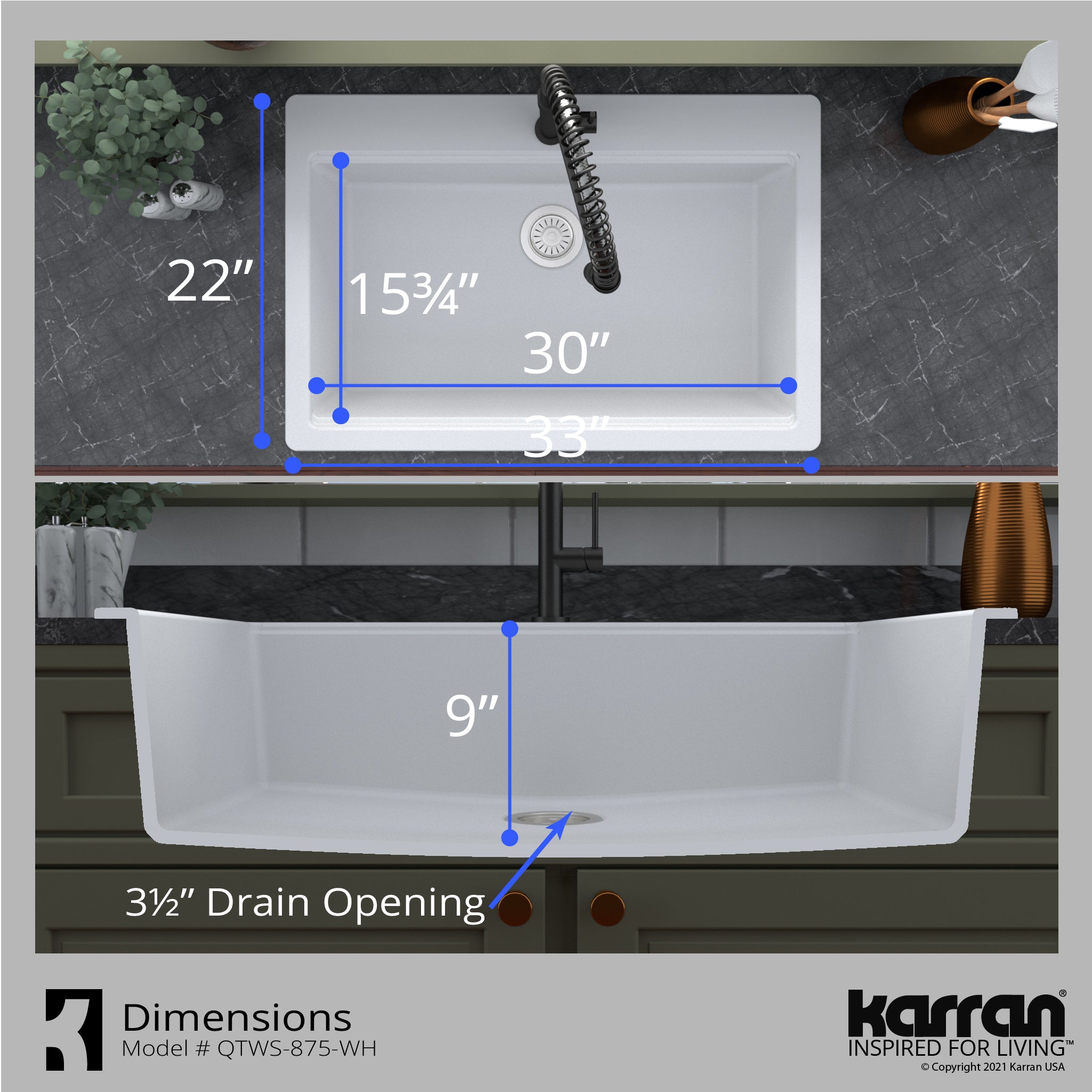 Alternate Image for Karran 33" Drop In/Topmount Quartz Composite Workstation Kitchen Sink with Accessories, White, QTWS-875-WH