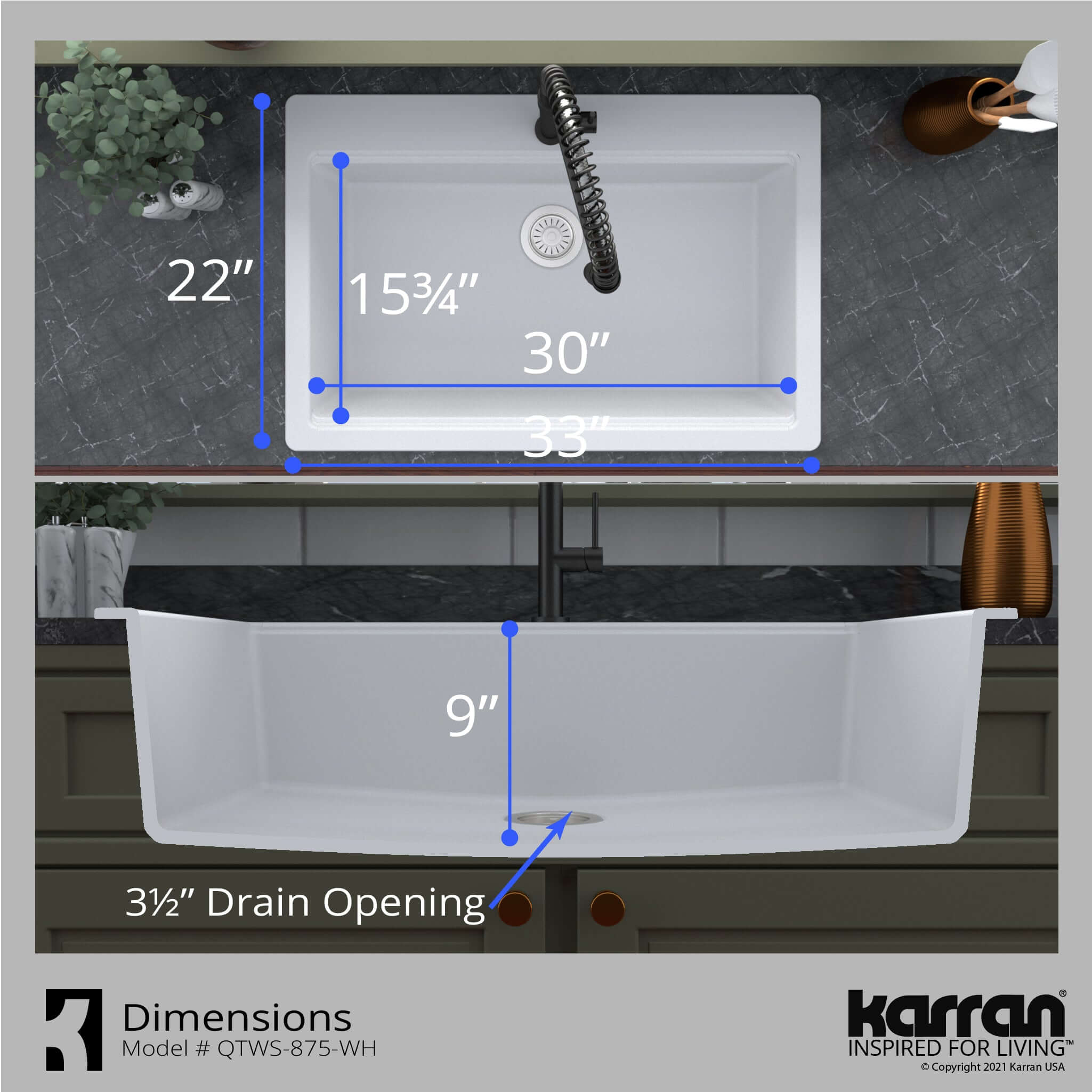 Alternate Image for Karran 33" Drop In/Topmount Quartz Composite Workstation Kitchen Sink with Accessories, White, QTWS-875-WH