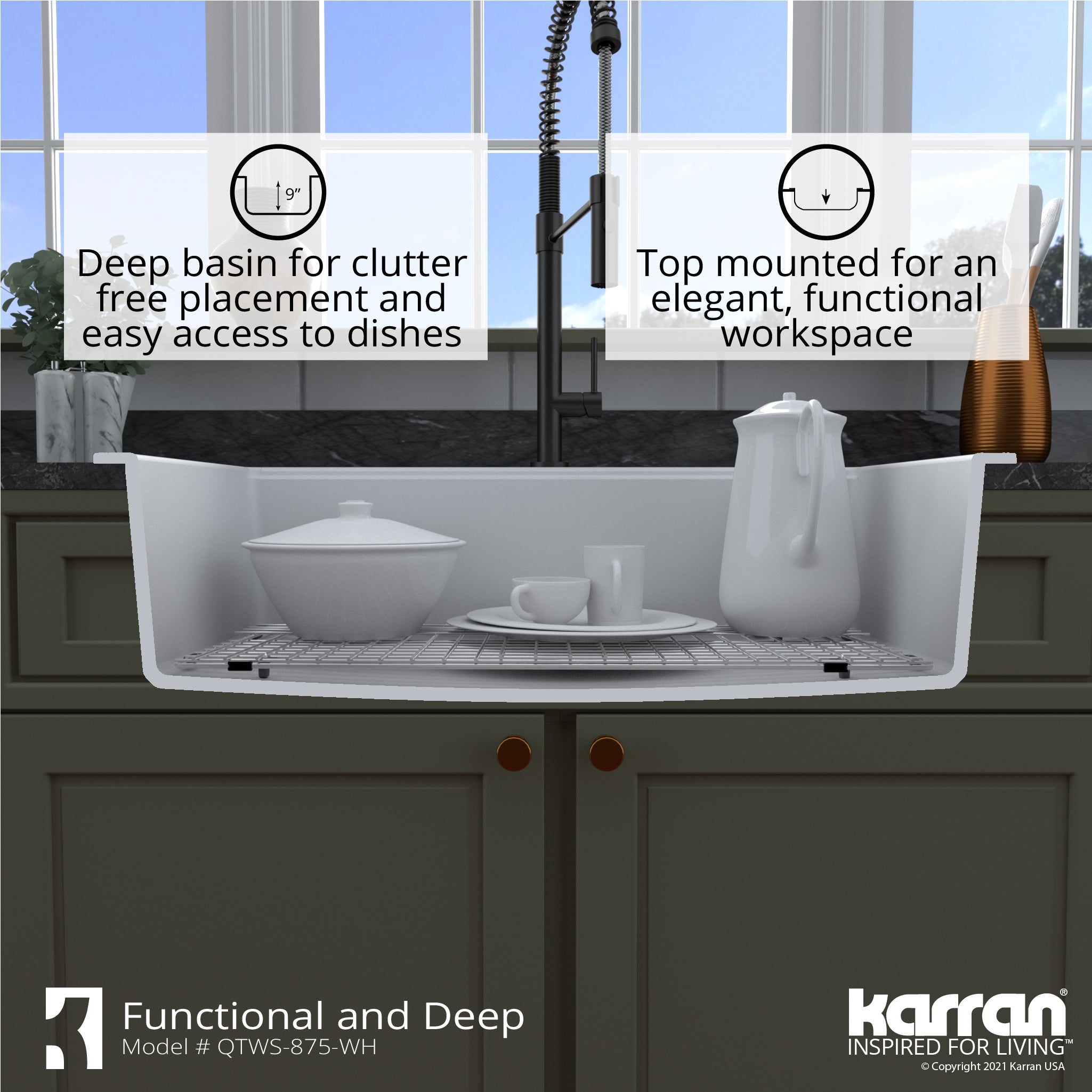 Alternate Image for Karran 33" Drop In/Topmount Quartz Composite Workstation Kitchen Sink with Accessories, White, QTWS-875-WH