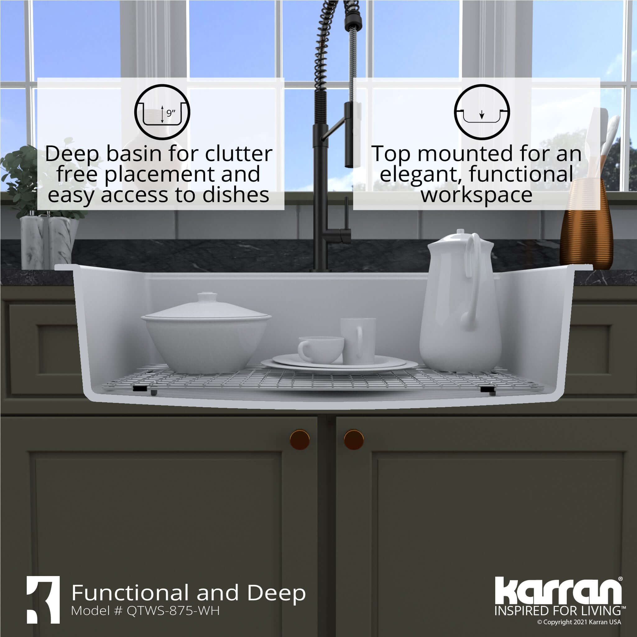 Alternate Image for Karran 33" Drop In/Topmount Quartz Composite Workstation Kitchen Sink with Accessories, White, QTWS-875-WH
