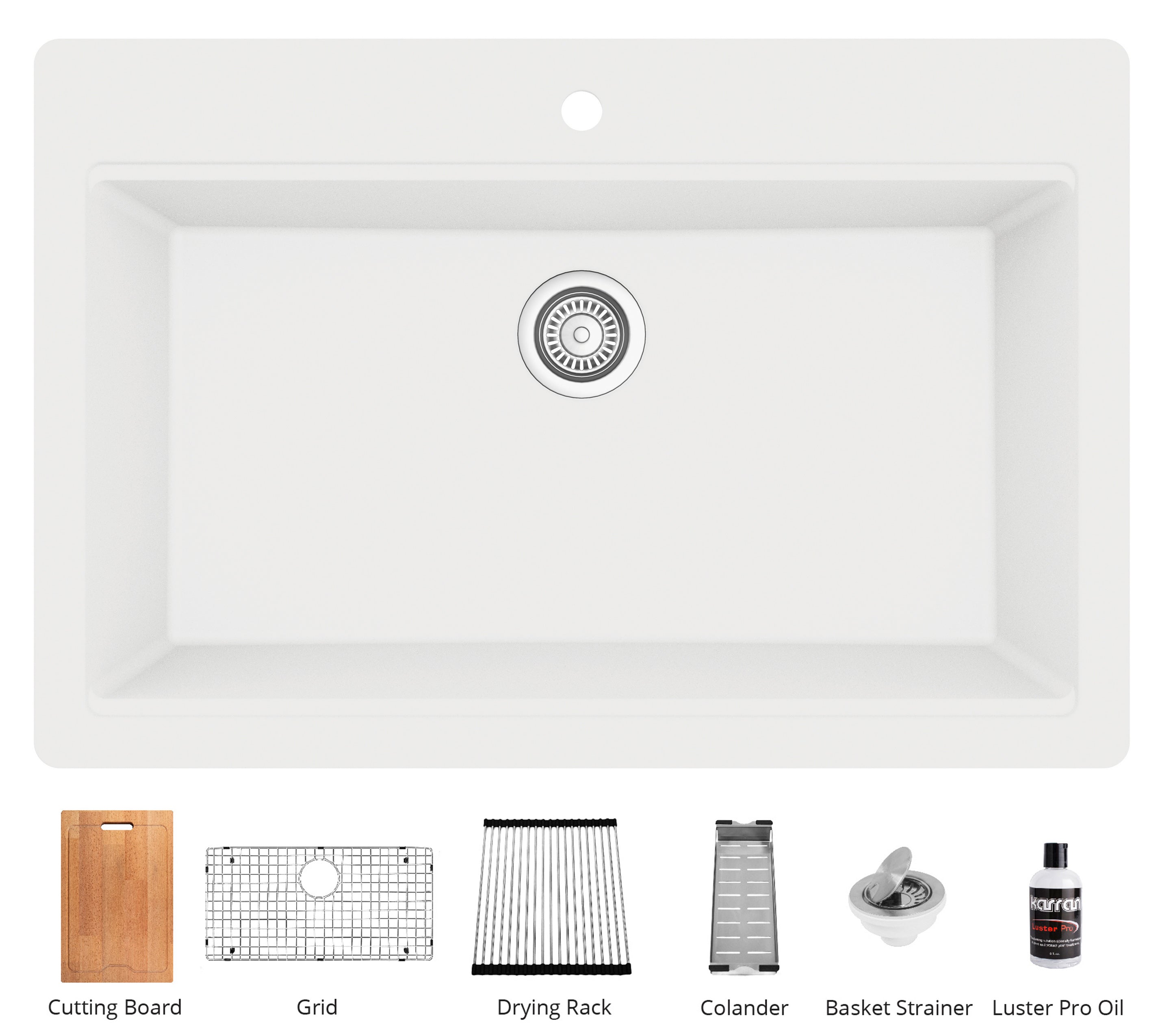 Karran 33" Drop In/Topmount Quartz Composite Workstation Kitchen Sink with Accessories, White, QTWS-875-WH