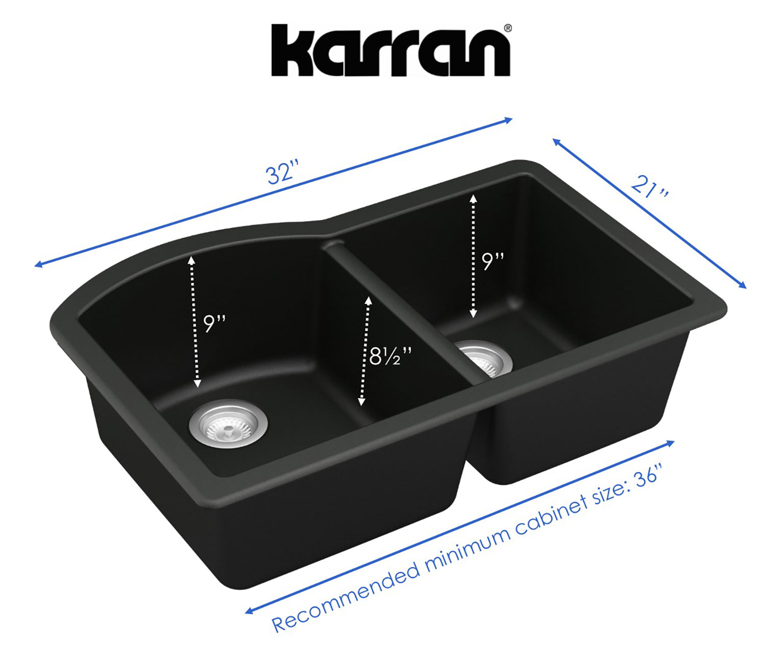 Alternate Image for Karran 32" Undermount Quartz Composite Kitchen Sink, 60/40 Double Bowl, Black, QU-610-BL