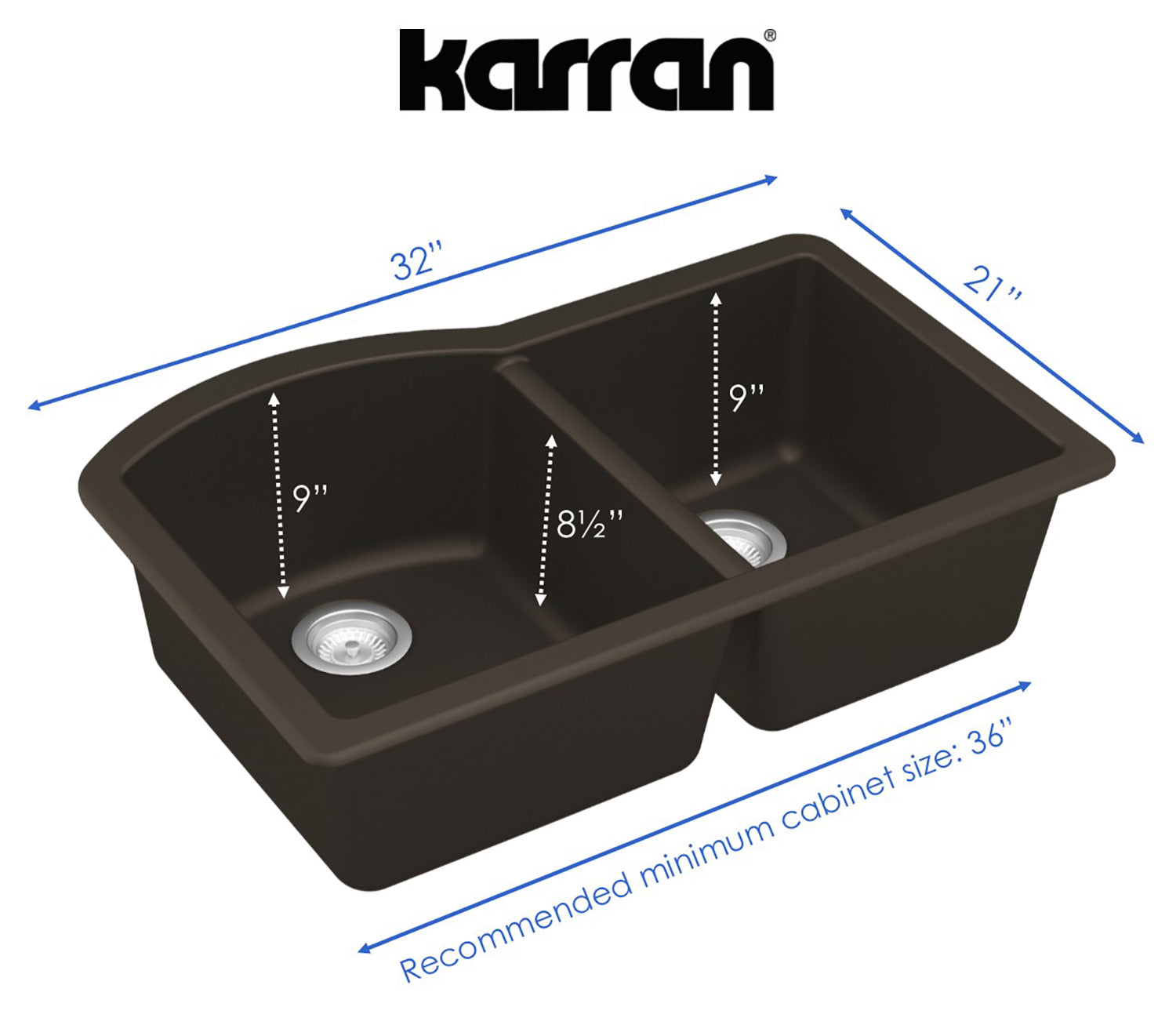 Alternate Image for Karran 32" Undermount Quartz Composite Kitchen Sink, 60/40 Double Bowl, Brown, QU-610-BR