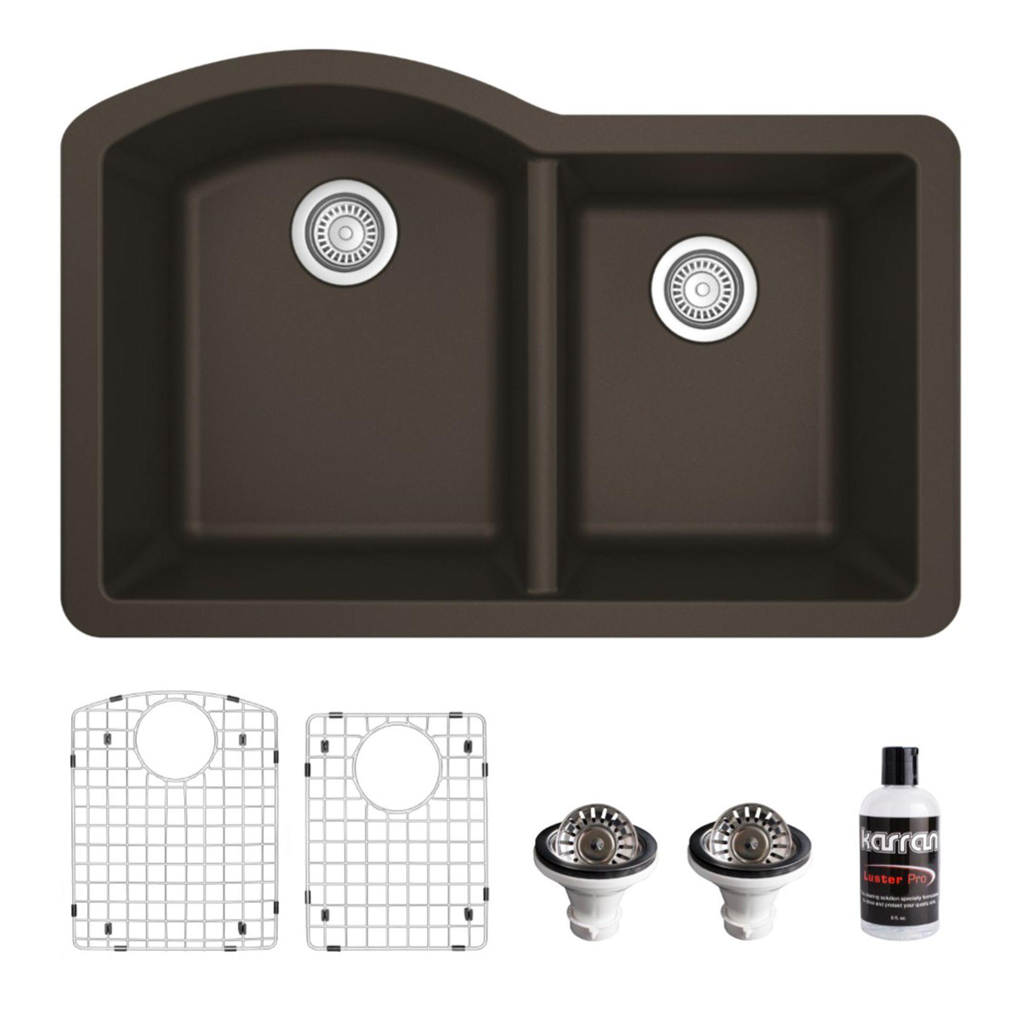 Karran 32" Undermount Quartz Composite Kitchen Sink, 60/40 Double Bowl, Brown, QU-610-BR-PK1