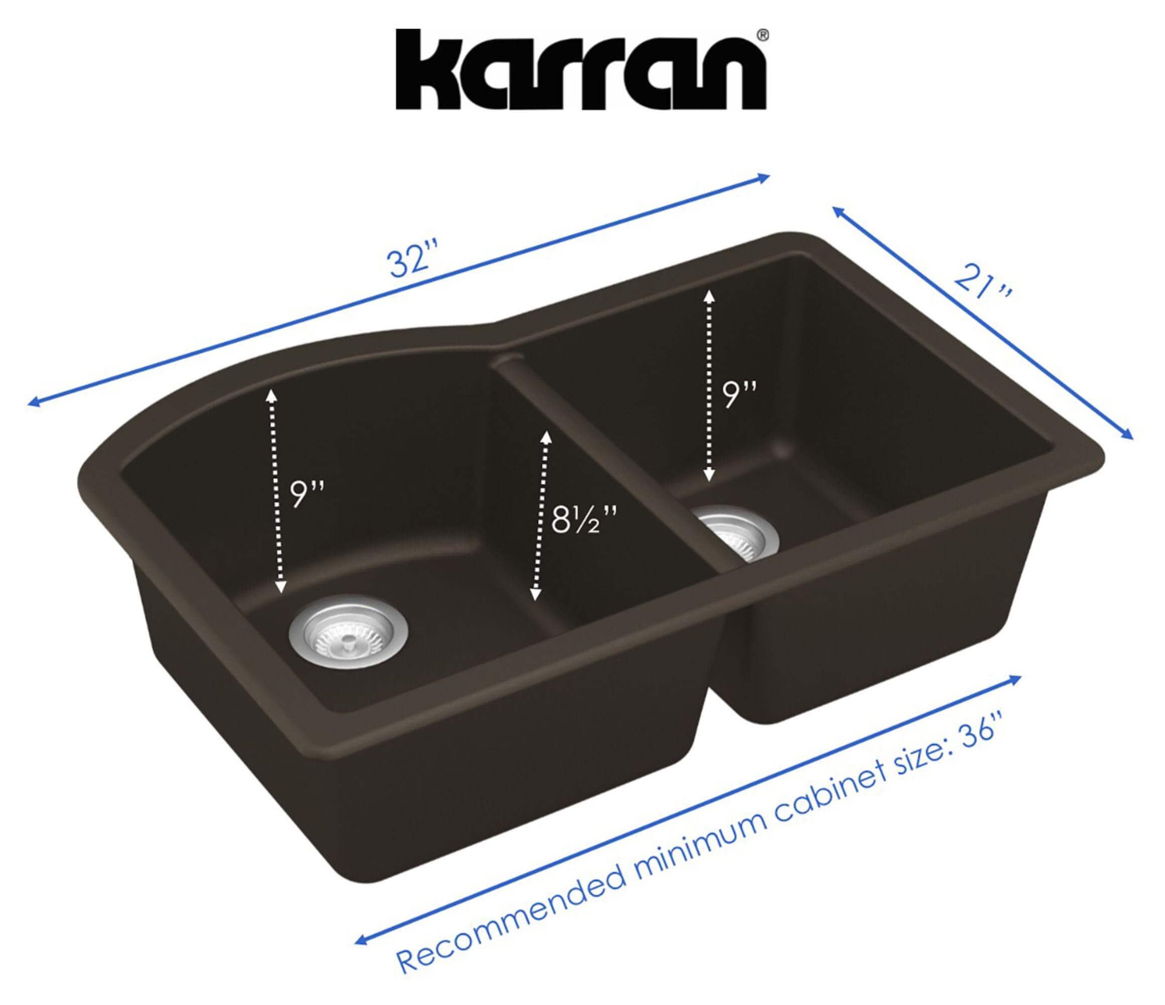 Alternate Image for Karran 32" Undermount Quartz Composite Kitchen Sink, 60/40 Double Bowl, Brown, QU-610-BR-PK1