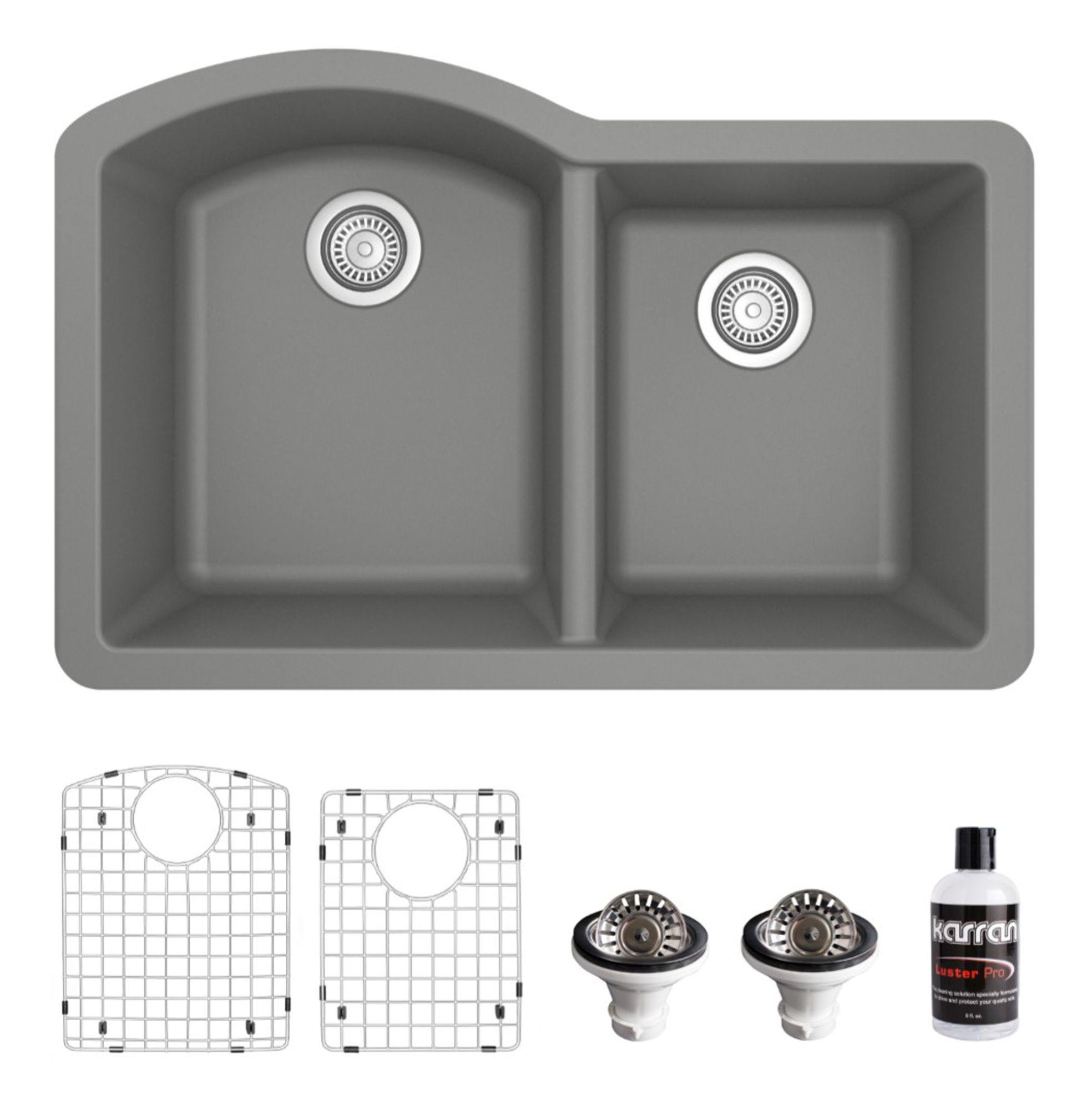Karran 32" Undermount Quartz Composite Kitchen Sink, 60/40 Double Bowl, Grey, QU-610-GR-PK1