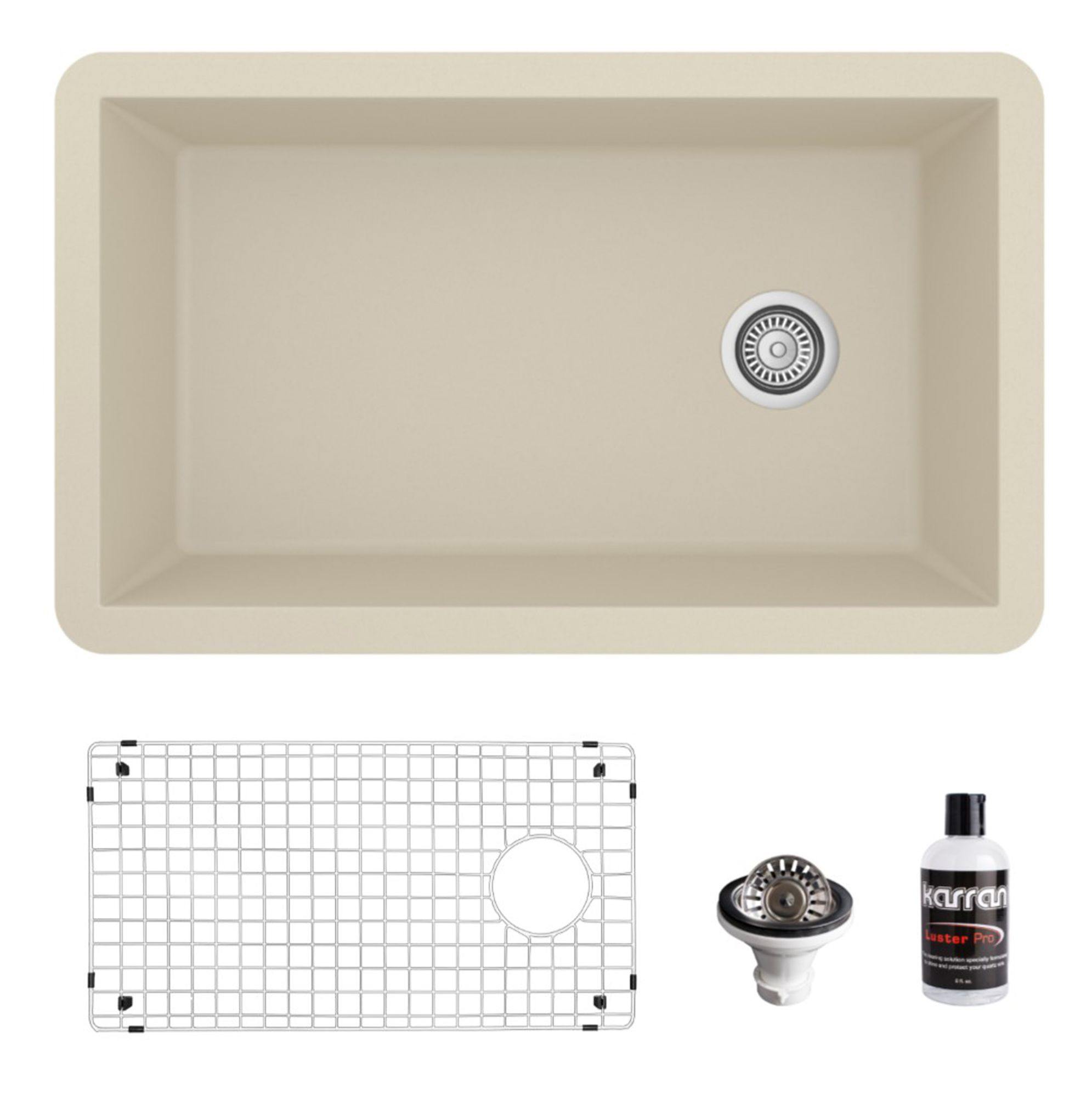 Karran 32" Undermount Quartz Composite Kitchen Sink, Bisque, QU-670-BI-PK1