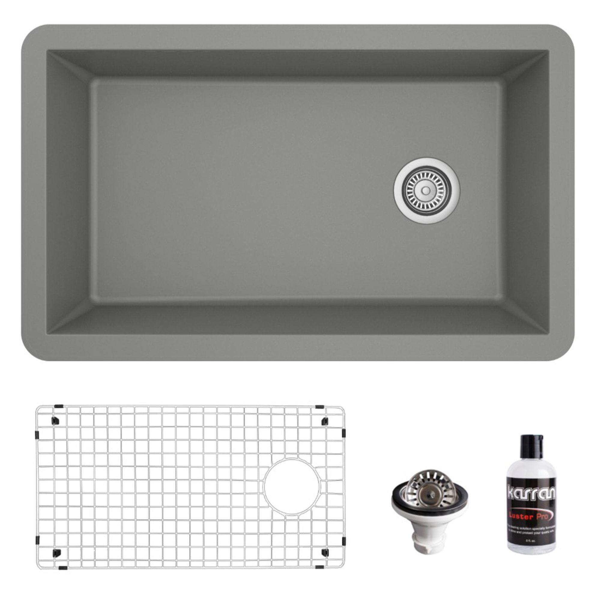 Karran 32" Undermount Quartz Composite Kitchen Sink, Grey, QU-670-GR-PK1