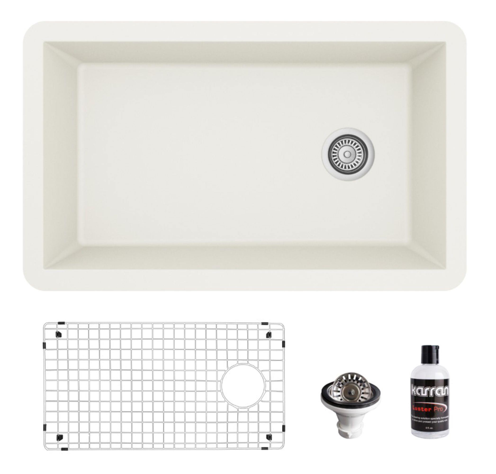 Karran 32" Undermount Quartz Composite Kitchen Sink, White, QU-670-WH-PK1