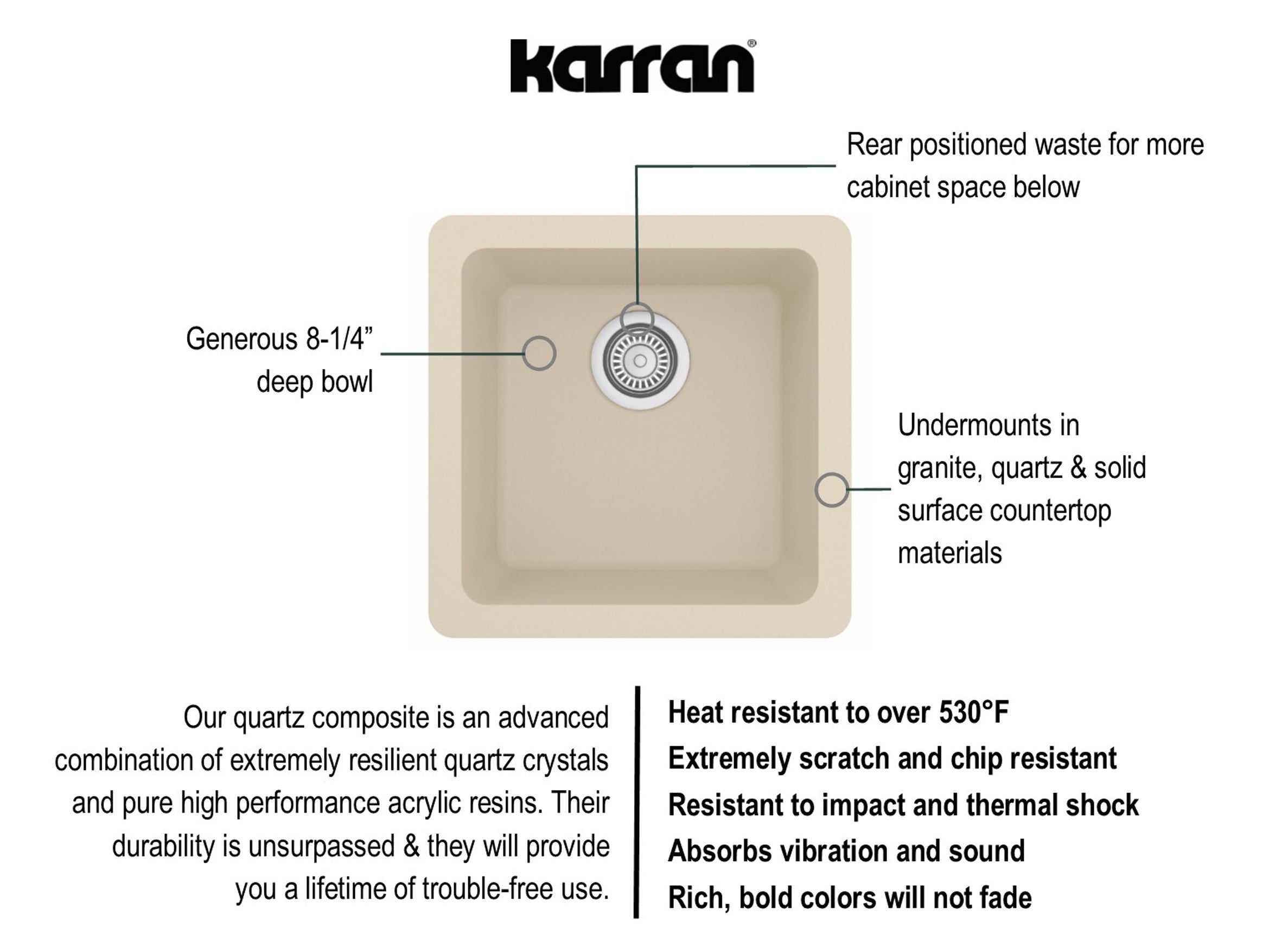Alternate Image for Karran 17" Undermount Quartz Composite Kitchen Sink, Bisque, QU-690-BI