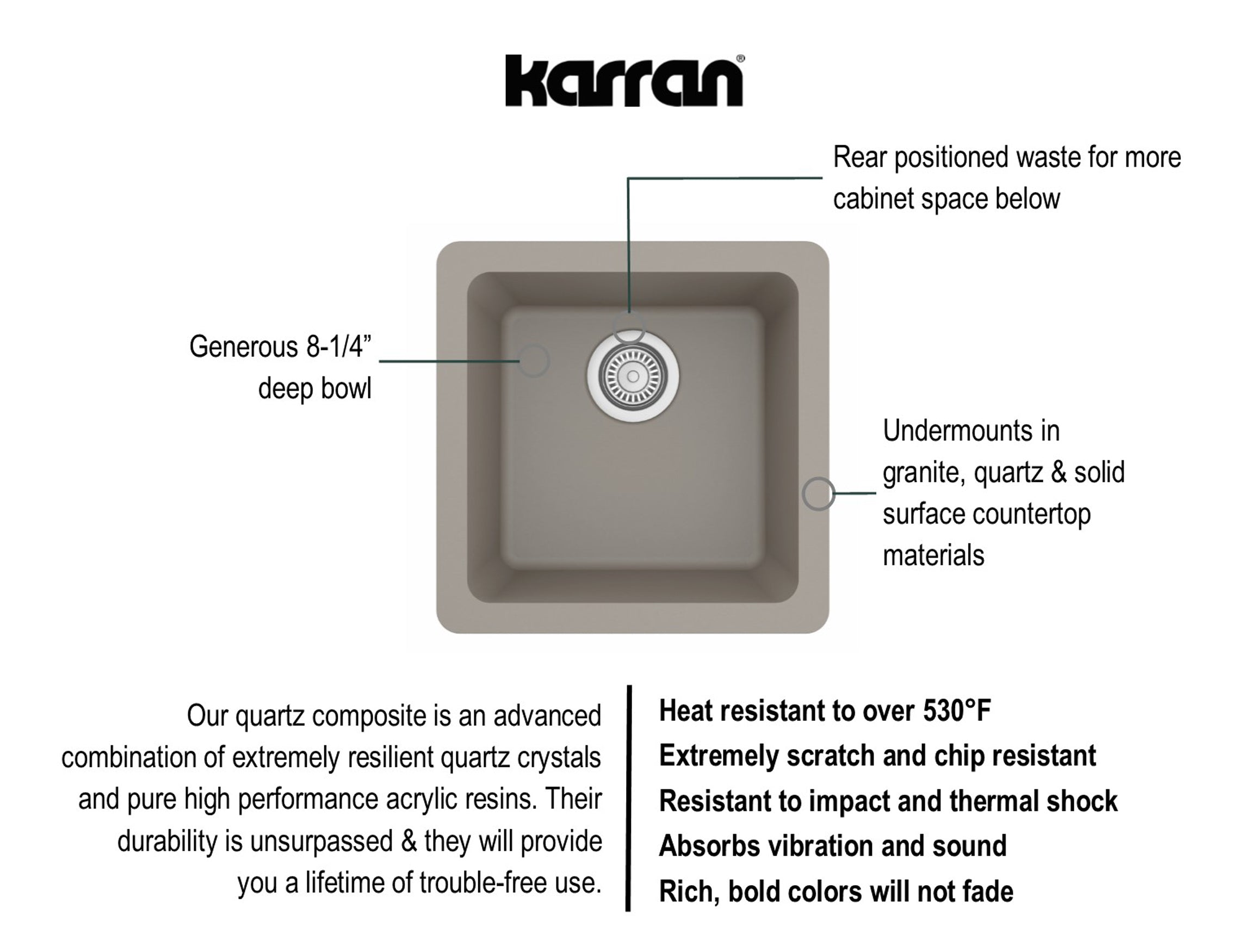Alternate Image for Karran 17" Undermount Quartz Composite Kitchen Sink, Concrete, QU-690-CN
