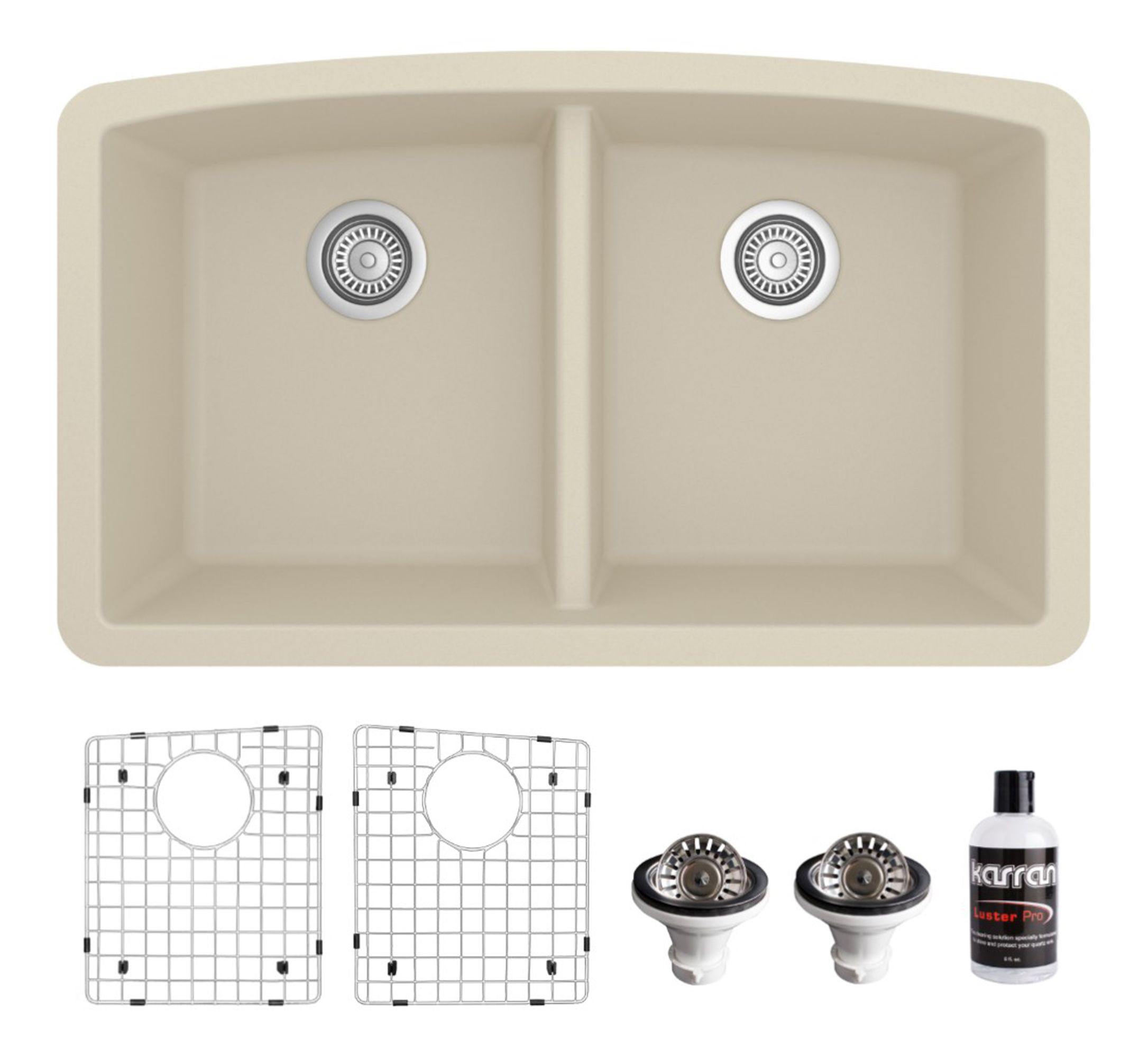 Karran 33" Undermount Quartz Composite Kitchen Sink, 50/50 Double Bowl, Bisque, QU-710-BI-PK1