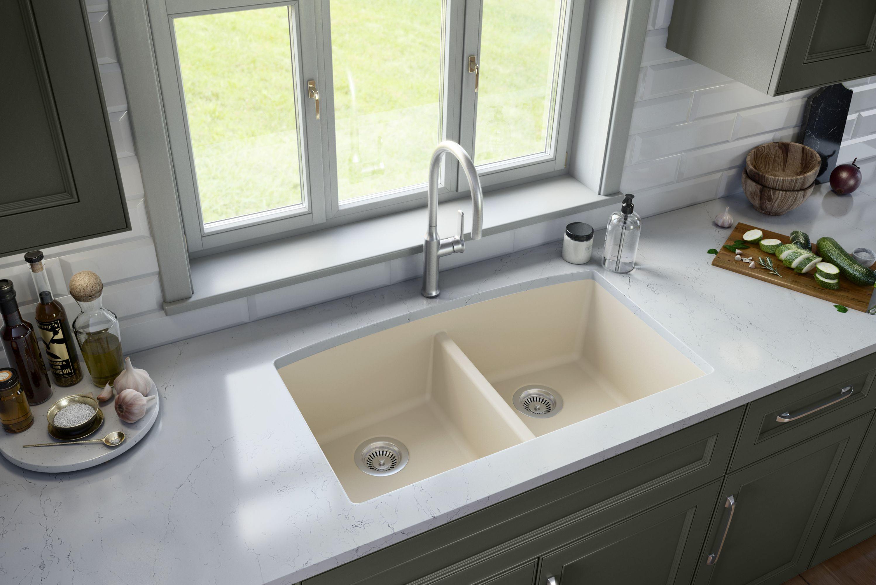 Karran 33" Undermount Quartz Composite Kitchen Sink, 50/50 Double Bowl, Bisque, QU-710-BI-PK1