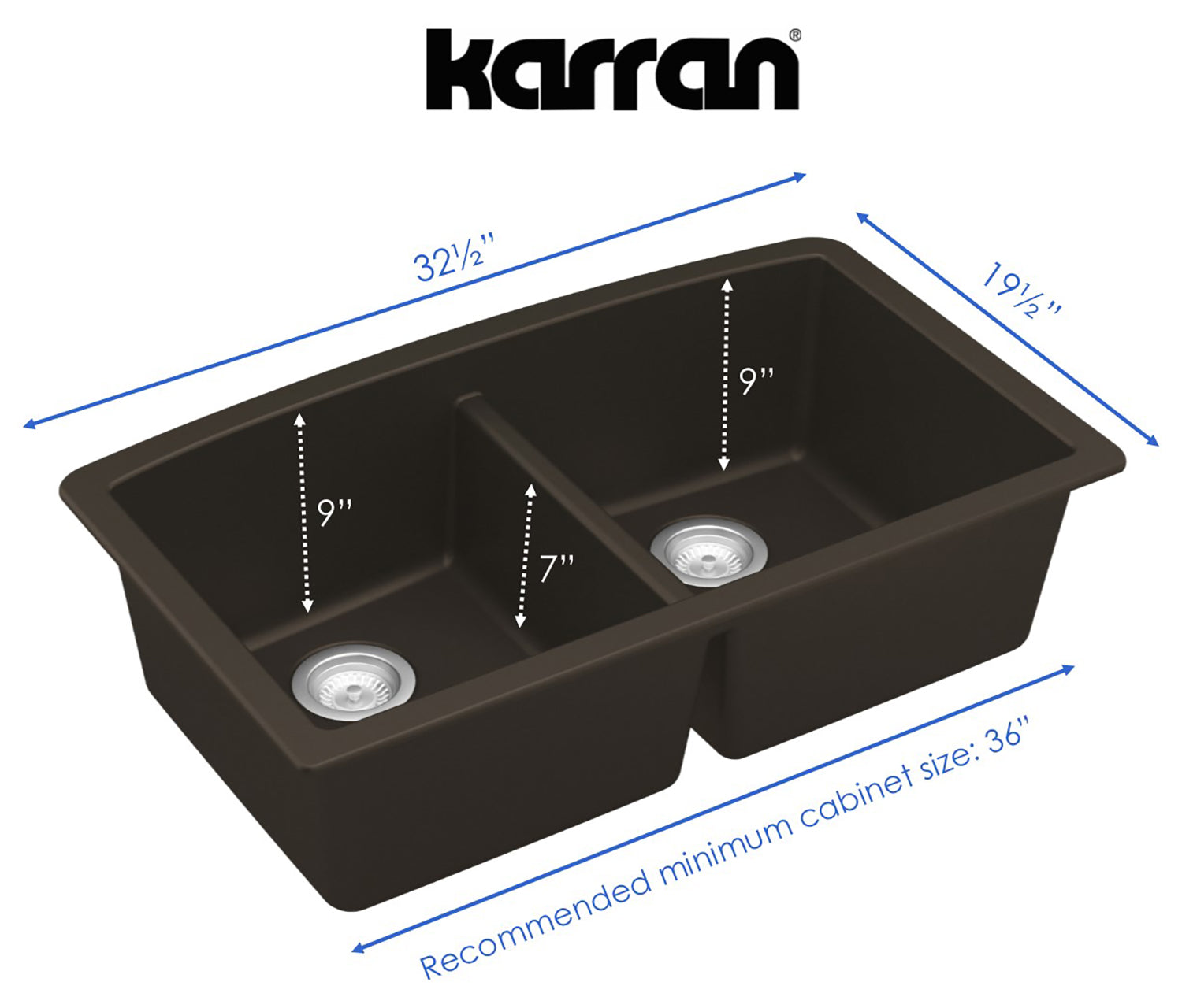 Alternate Image for Karran 33" Undermount Quartz Composite Kitchen Sink, 50/50 Double Bowl, Brown, QU-710-BR