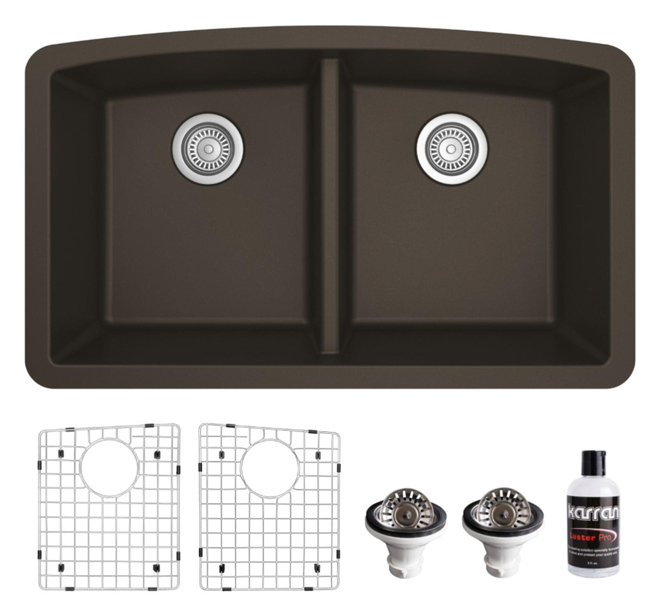 Karran 33" Undermount Quartz Composite Kitchen Sink, 50/50 Double Bowl, Brown, QU-710-BR-PK1